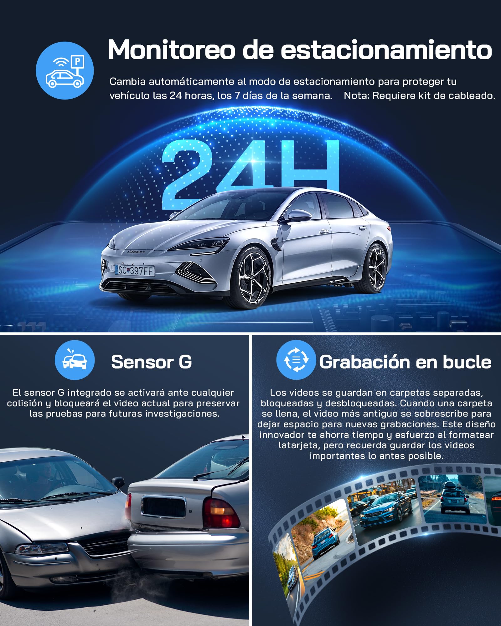 WOLFANG 4K Dashcam WiFi Dash Camera para Coches Delantera y Trasera,Cámara para Coche 2160P Dashcam con App, 3" IPS, Visión Nocturna, Grabación en Bucle, Sensor G,WDR, Soporta Modo Parking 24H