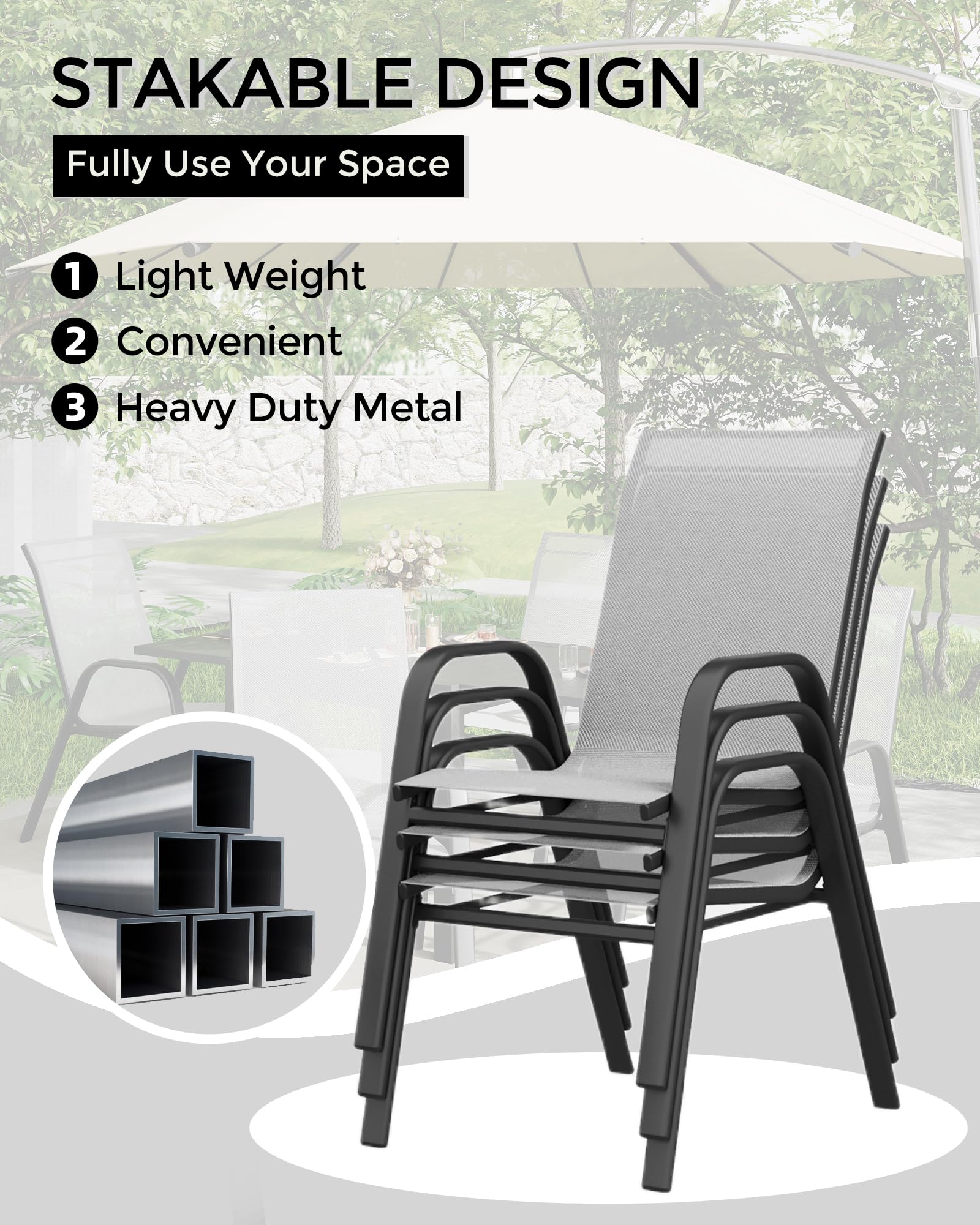 Komfortable Stapelbare Gartenstühle 4er Set – Hohe Rückenlehne, Wetterfest, Metallrahmen, Atmungsaktives Textilene – Outdoor Essstühle Für Terrasse, Balkon, Pool & Garten – Grau