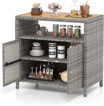 Tangkula Rattan Outdoor Storage Cabinet, Patiojoy Outdoor Cabinet with Acacia Wood Countertop, Open Compartment, 2-Door Wicker Sideboard, Outdoor Bar for Patio Garden Backyard Poolside Mix Grey