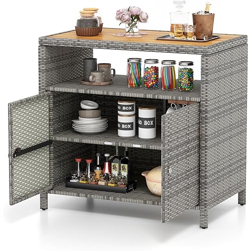 Tangkula Rattan Outdoor Storage Cabinet, Patiojoy Outdoor Cabinet with Acacia Wood Countertop, Open Compartment, 2-Door Wicker Sideboard, Outdoor Bar for Patio Garden Backyard Poolside (Mix Grey)