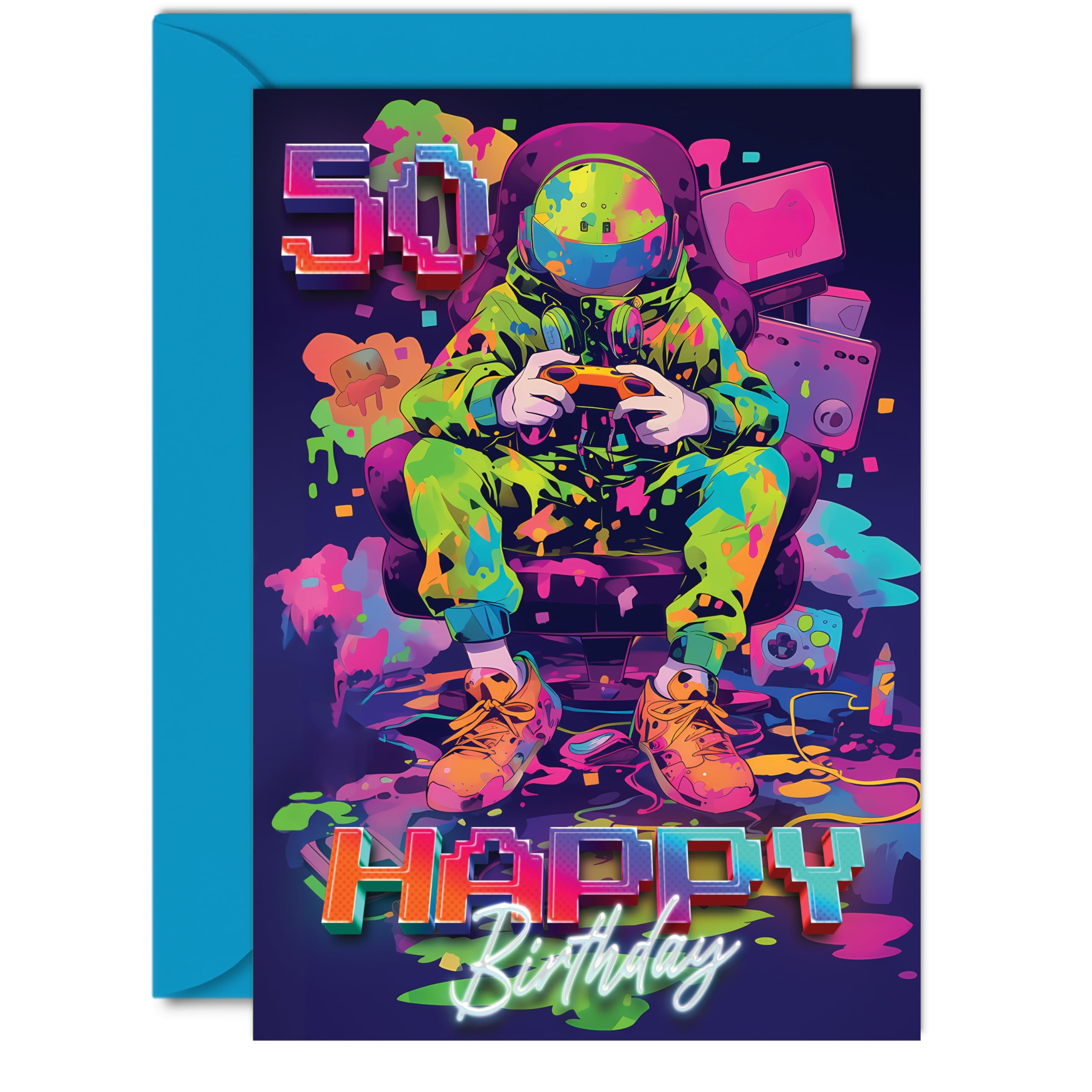 50th Birthday Cards for Women Men - Video Gamer Game - Happy 50 Birthday Card for Brother Sister Uncle Auntie Friend, A5 Fifty Fiftieth Bday Greeting Cards