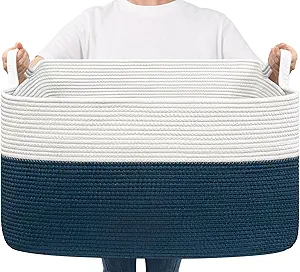 Goodpick Large Storage Baskets for Organizing, Woven Baskets for Storage, Blanket Basket Living Room, Rectangle Dirty Clothes Basket for Laundry, 21.6" x 14.9" x 11.8", Blue