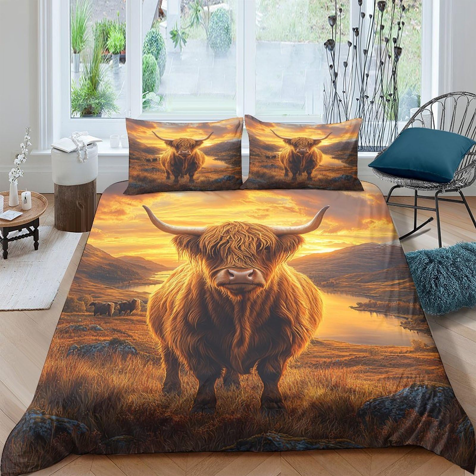 Ctjqhvkz Style-4 3D Printed Highland Cow Sunset Fitted Sheet Microfiber Soft Non-Slip Bed Cover For Bedroom Dorm Mattress Protection Decor Single（135X200cm）