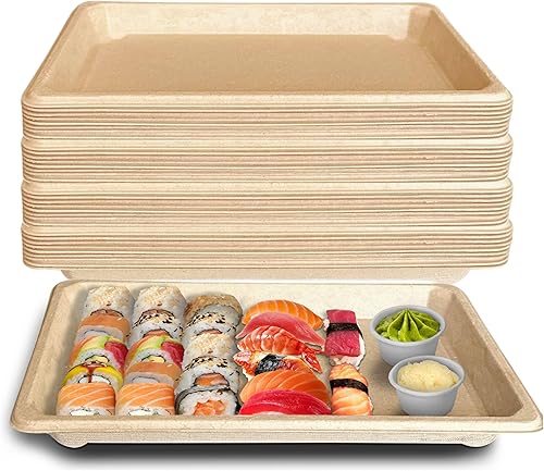 Bandejas de sushi compostables XL - Contenedor de sushi para llevar bagazo de caña de azúcar natural - Biodegradable, plato de sushi desechable,