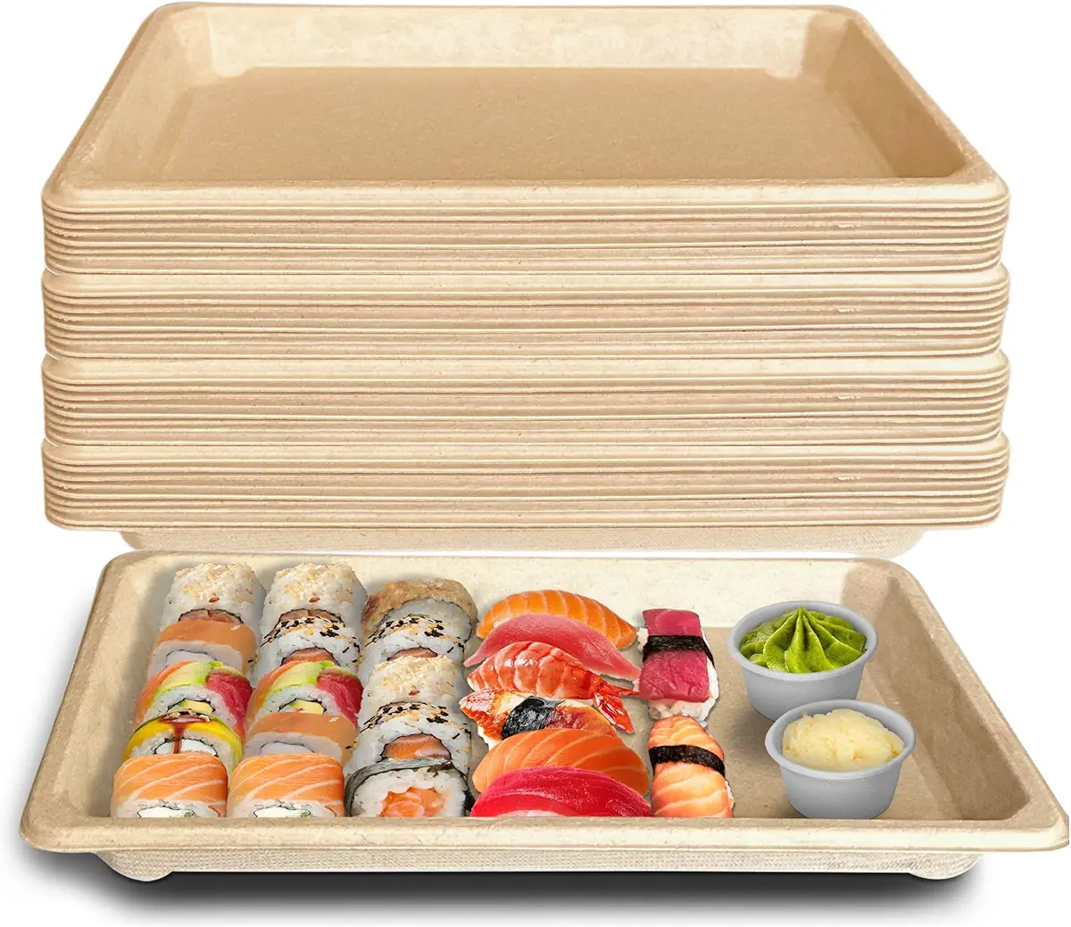EcoQuality Compostable Sushi Trays X-Large - Natural Sugarcane Bagasse Take Out Sushi Container - Biodegradable, Disposable Sushi Plate, Eco Friendly, Plastic Alternative, To go, Serving Tray (25)