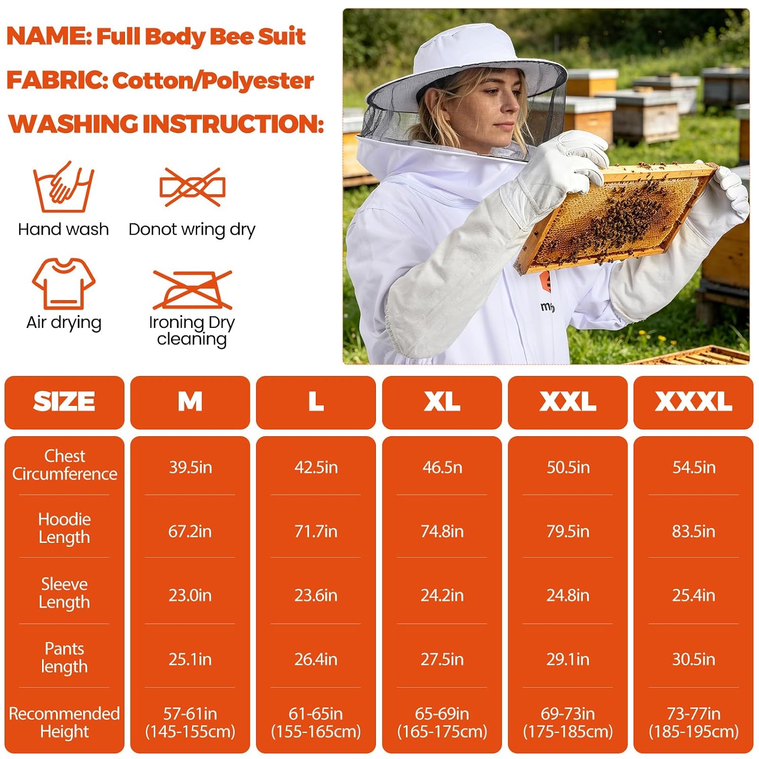 Sting Proof Bee Suit, Full Body Beekeeping Suit with 2 Hoods (XL for 5'7"-5'11")