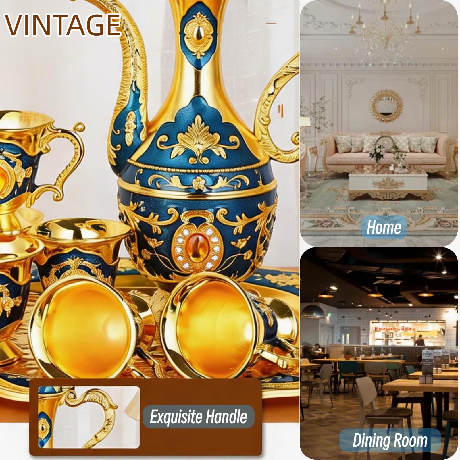 Türkische Kaffeekanne Set, Vintage 8-teiliges Metall Tee und Kaffee-Set mit 6 Tassen, Zinklegierung für Wohnzimmer und Esstisch, Geschenk für Hochzeit und Weihnachten