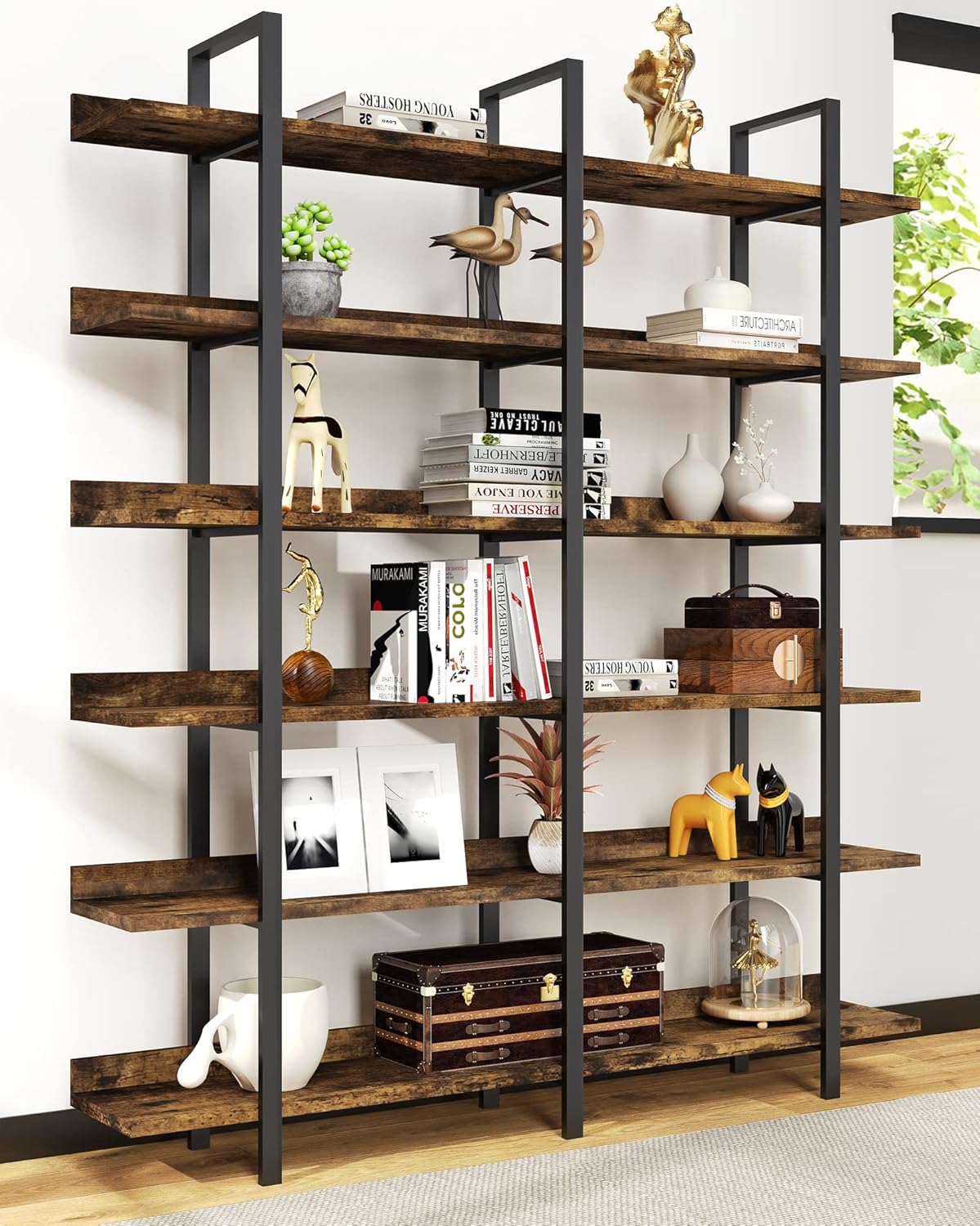 Bookshelf, 82.7" Double Wide 6 Tier Industrial Wooden