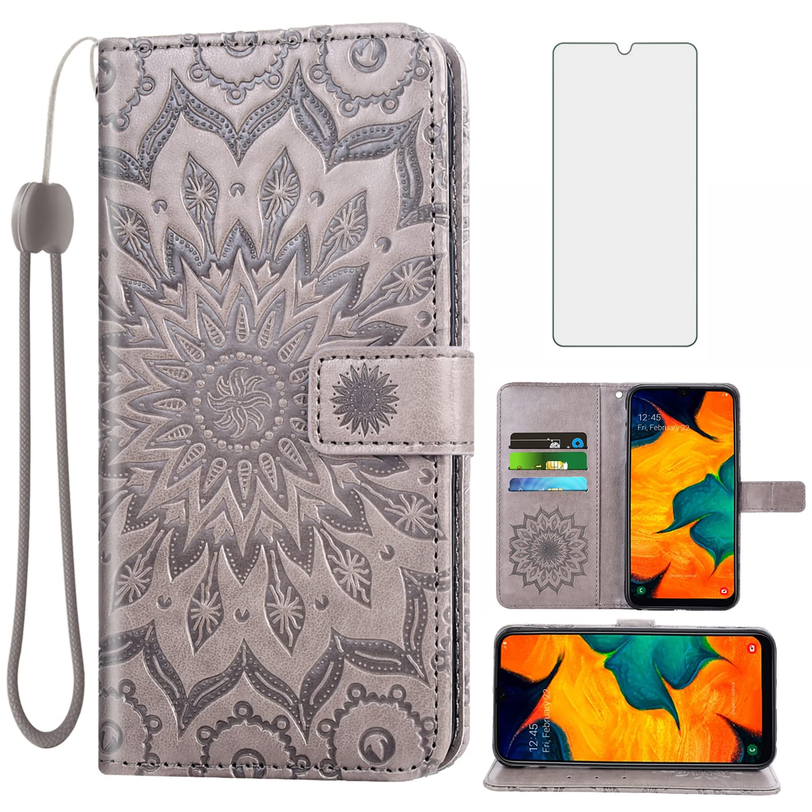 Phone Case for Samsung Galaxy A20 A30 Wallet Cases with Tempered Glass Screen Protector and Leather Flip Cover Card Holder Stand Cell Accessories Glaxay M10s A 20 30 Gaxaly 20A SM A205G Women Men Gray