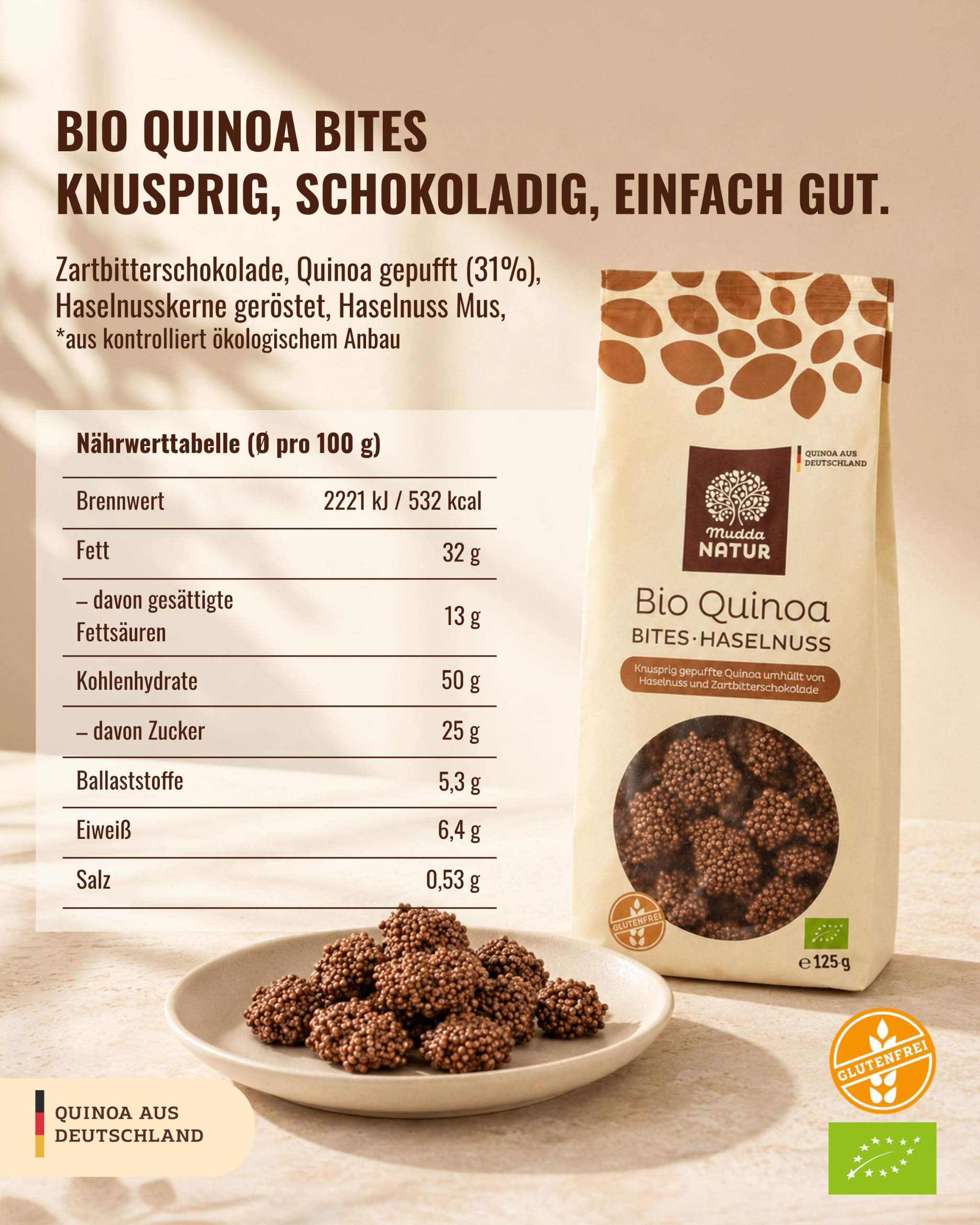 Mudda Natur Bio Quinoa Bites mit Haselnuss – veganer & glutenfreier Snack