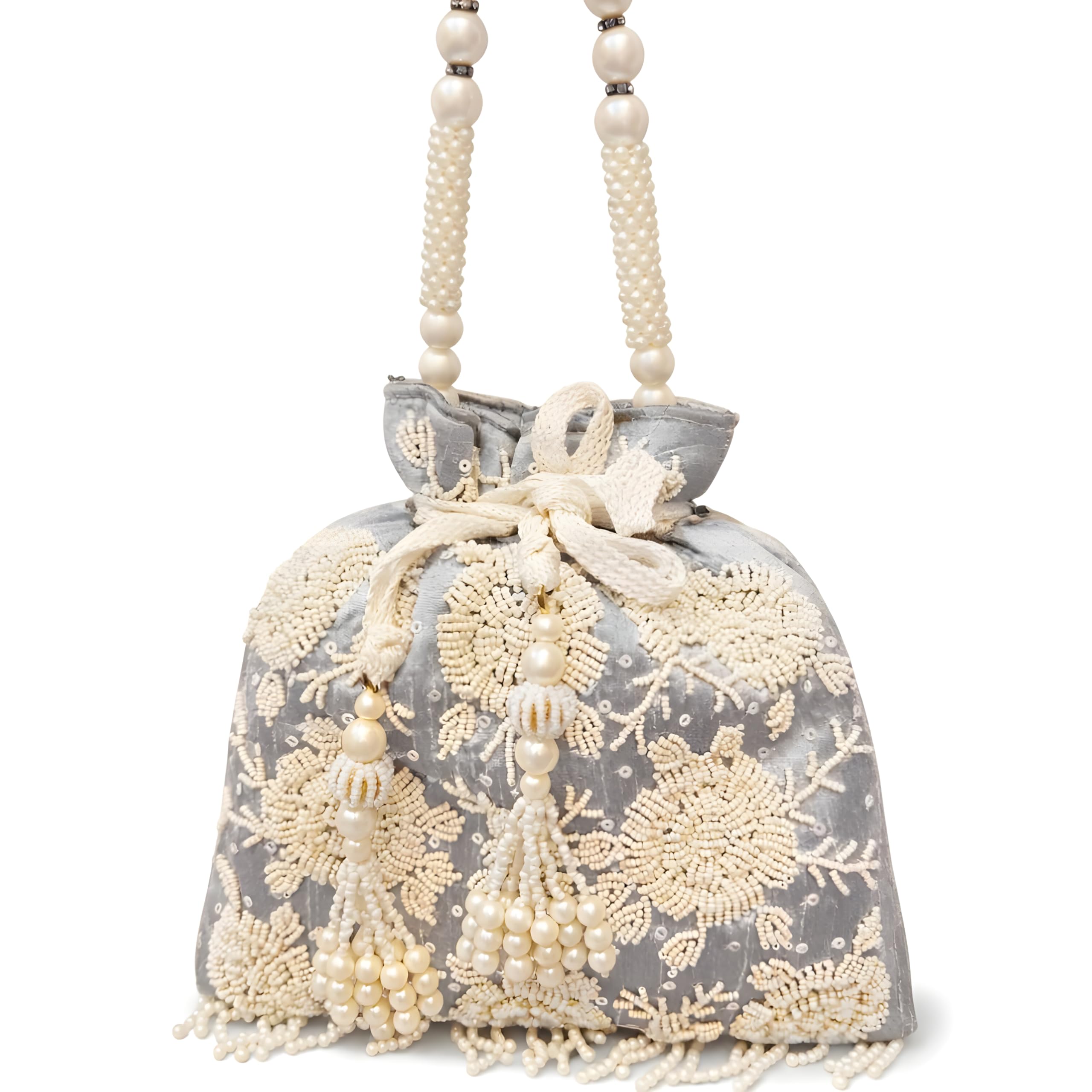 nayashi Grey Raw Silk Pearl Embroidered Potli Bag for Women with Pearl Handle & Tassel Latkans | Designer Ethnic Drawstring Handbag for Wedding, Bridal & Traditional Occasions (9 x 6 Inches)-picture-43