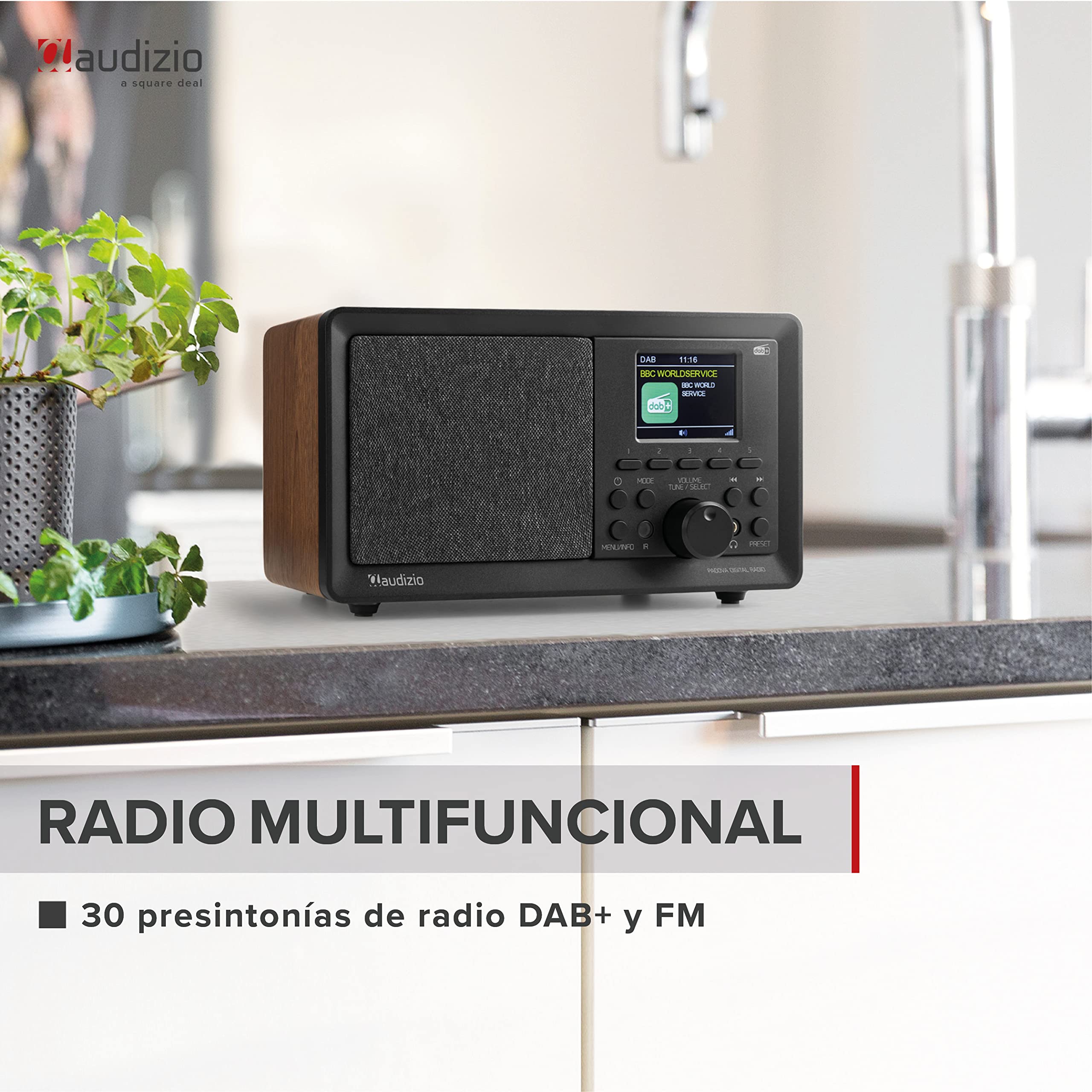 Audizio Padova, Radio compacta Retro Dab+ con Receptor FM, 40 W, Bluetooth para Streaming y Reproductor USB/MP3, DSP, Reloj Despertador, Temporizador de Apagado, Mando a Distancia - Marrón Madera