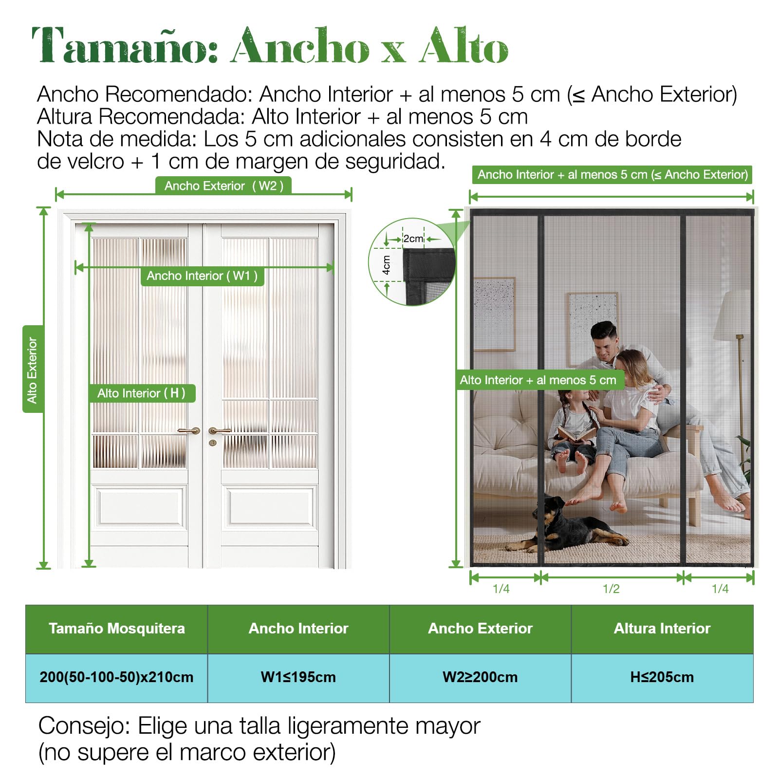 Mosquitera Puerta Magnética 200x210 cm Doble Puerta, Cortina Antimosquitos Malla Resistente, Cierre Automático, Sin Taladrar, para Balcón, Cocina, Puerta Corredera y Terraza, Negra