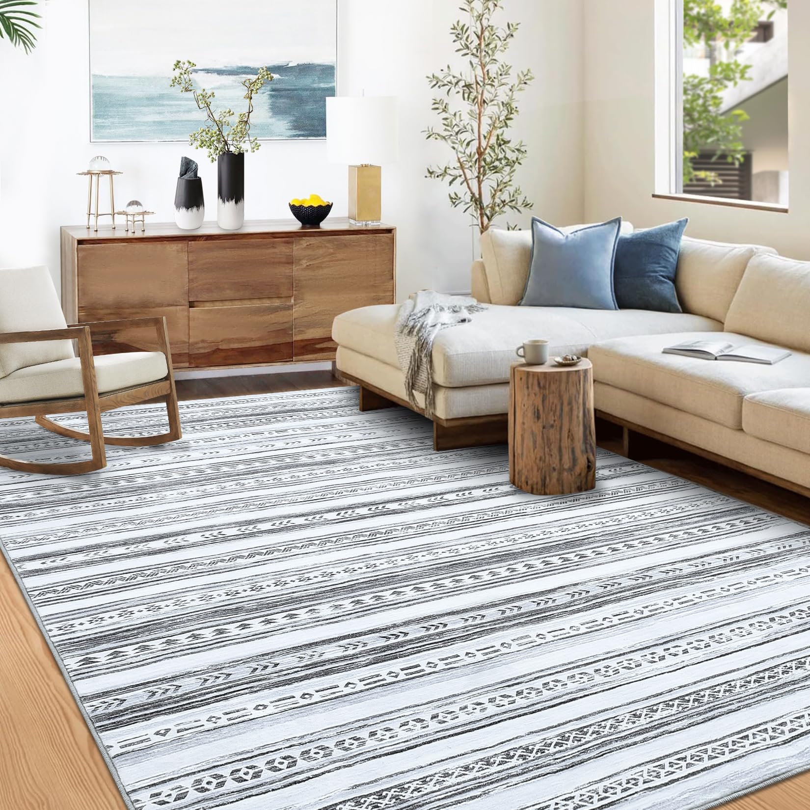 Bohemian Washable Rugs for Living Room 9x12/Rug Non Slip No Shedding Carpet Soft Rug Moroccan Geometric Area Rug Low Pile Floor Carpet Throw Rug Bedroom Decor Dining Room Nursery Rug 4'x6' Grey