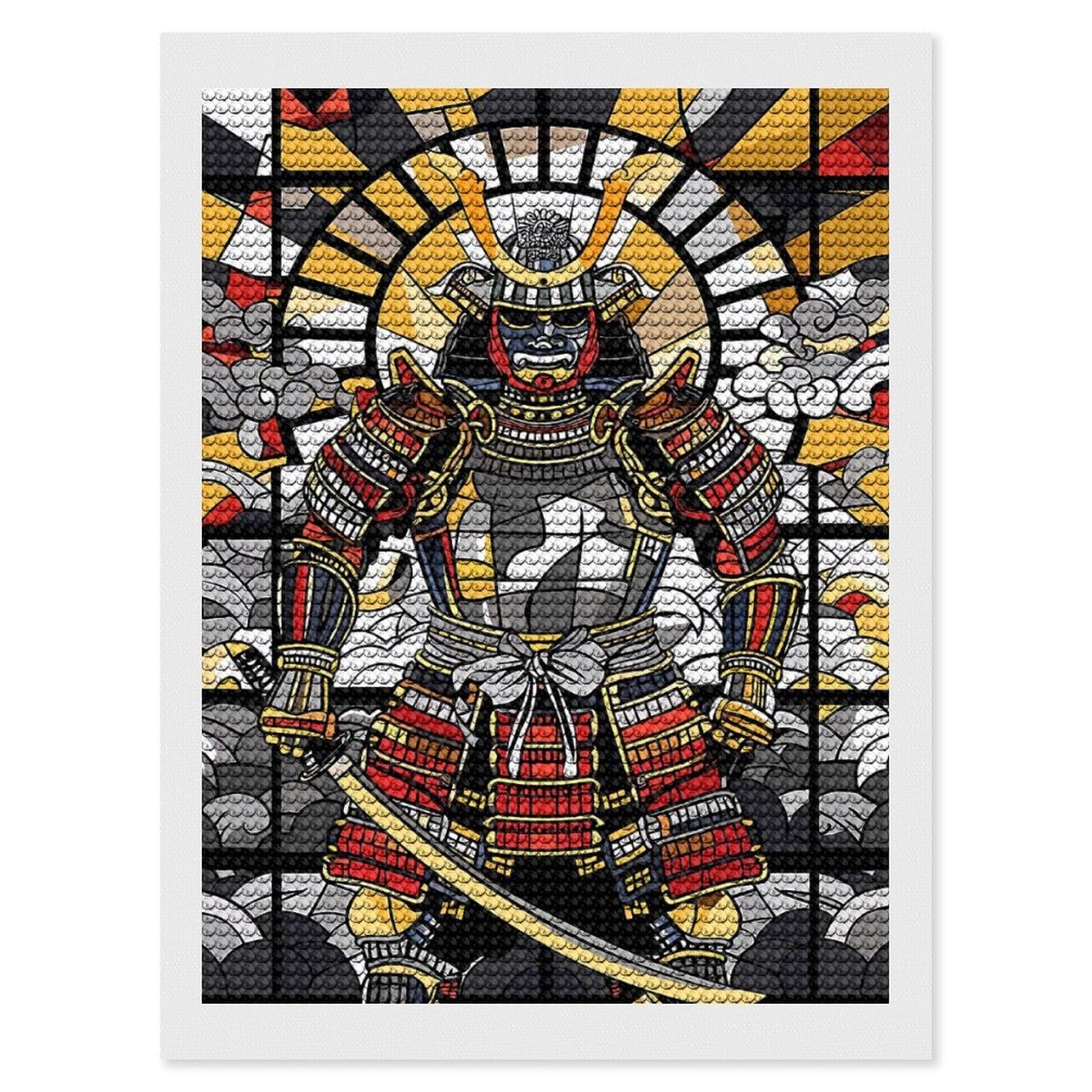 Junmoney Samurai Warrior in Stained Glass Style Diamond Art Canvas 12"x16", Decorate Your Room, Mindful Craft Activity, Cosy Home Accent, Thoughtful Handmade Gift
