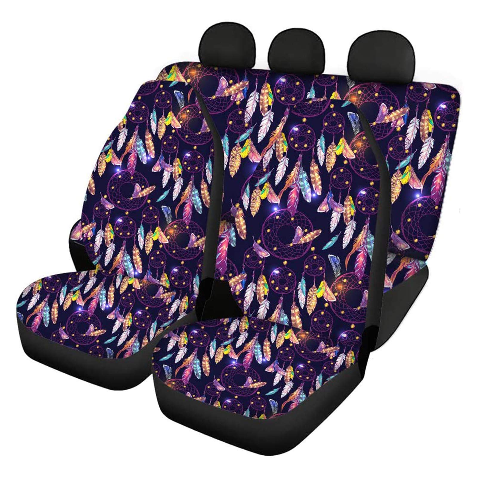 Belidome Coprisedili per auto, motivo acchiappasogni con piume, per sedili anteriori e posteriori, in tessuto elasticizzato, accessori adatti alla maggior parte dei casi, viola
