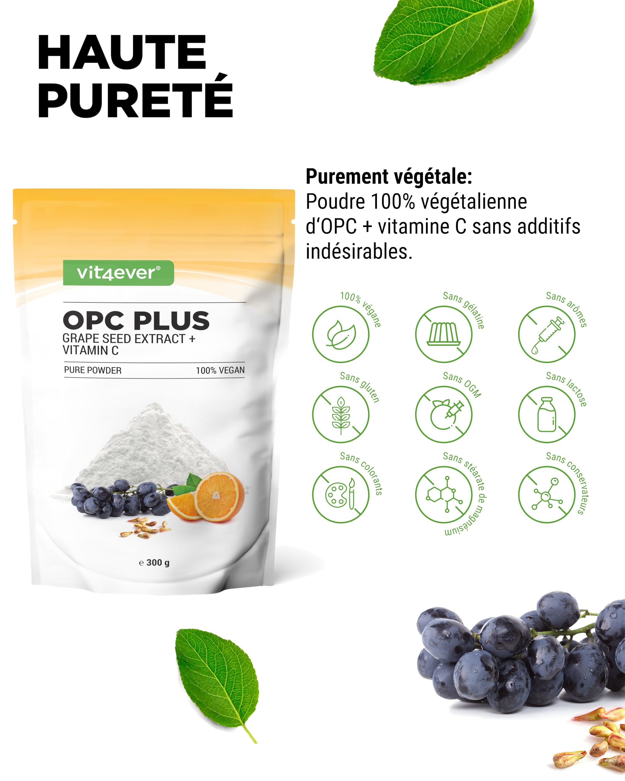 Extrait de pépins de raisin OPC + vitamine C - 300g de poudre - Pure OPC de raisins européens - Teneur en OPC de 70% selon la méthode HPLC (95% selon Bate-Smith) - Avec vitamine C naturelle - Vegan