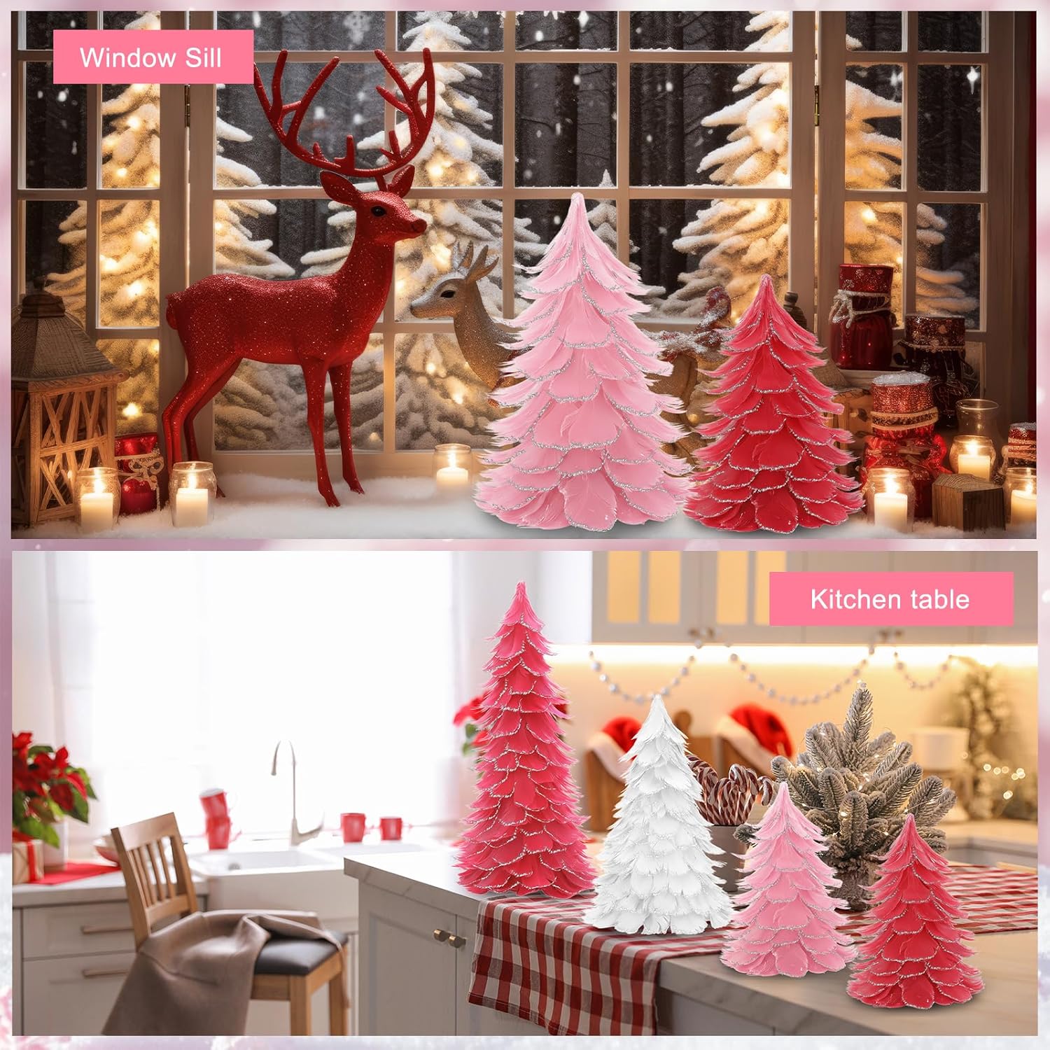 6 Pcs Christmas Feather Tree with Glitter Tips Tabletop Feather Xmas Tree Centerpieces Table Desk Christmas Decorations for Home Winter Wedding Party, 6", 8", 12"(Pink,Silver) - Image 6