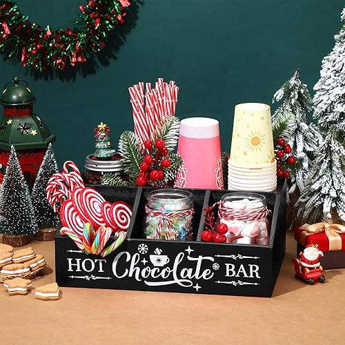 Miniatura 9 de Barydat Barra de cacao caliente de Navidad, estación de café de madera, organizador de encimera con 4 compartimentos, barra de café, soporte
