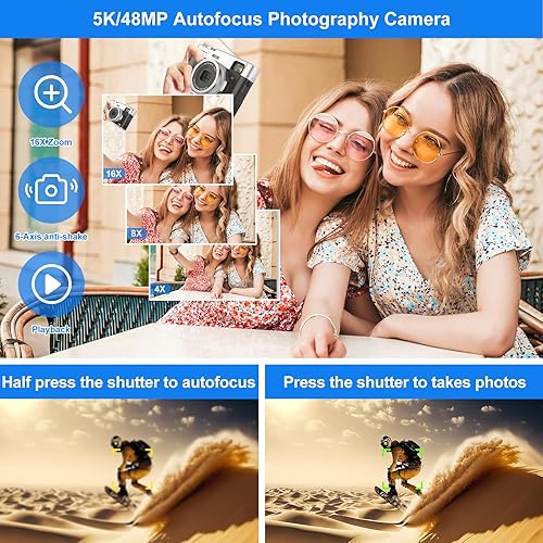 Miniatura 3 de Cámara digital 5K para fotografía de enfoque automático 48MP Vlogging Cámara para YouTube 16X Zoom digital Point y disparar cámaras con tarjeta SD,