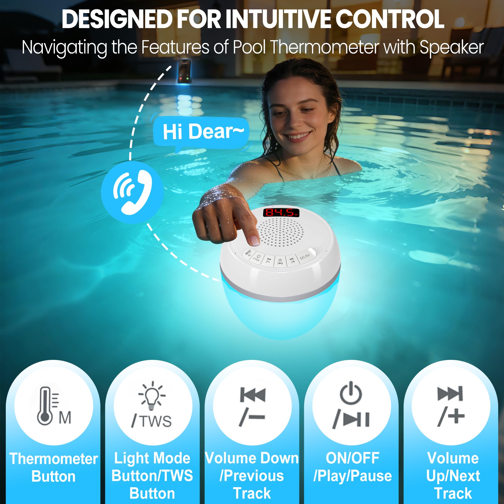 AearKing Altoparlante galleggiante 3in1 per piscina con termometro digitale e luci | Luci RGB, TWS, impermeabile IP68, Bluetooth 5.0, suono surround a 360°, display LCD della temperatura, ABS, ricarica USB