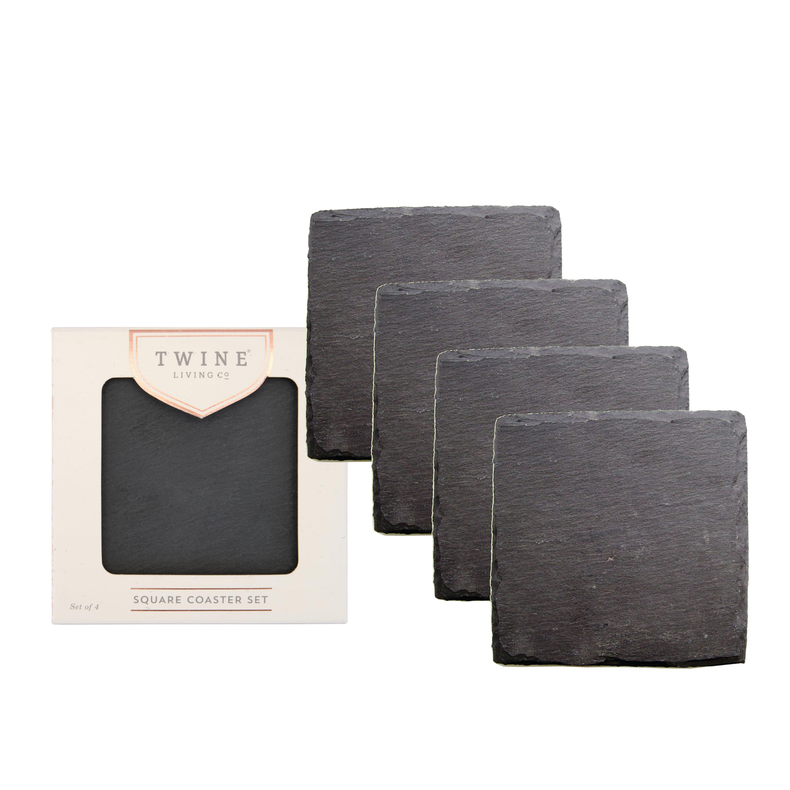 Twine Square Slate Coasters, Modern Square Coasters, Slate with Velvet Backing, Protect Tables and Surfaces, Black, Set of 4