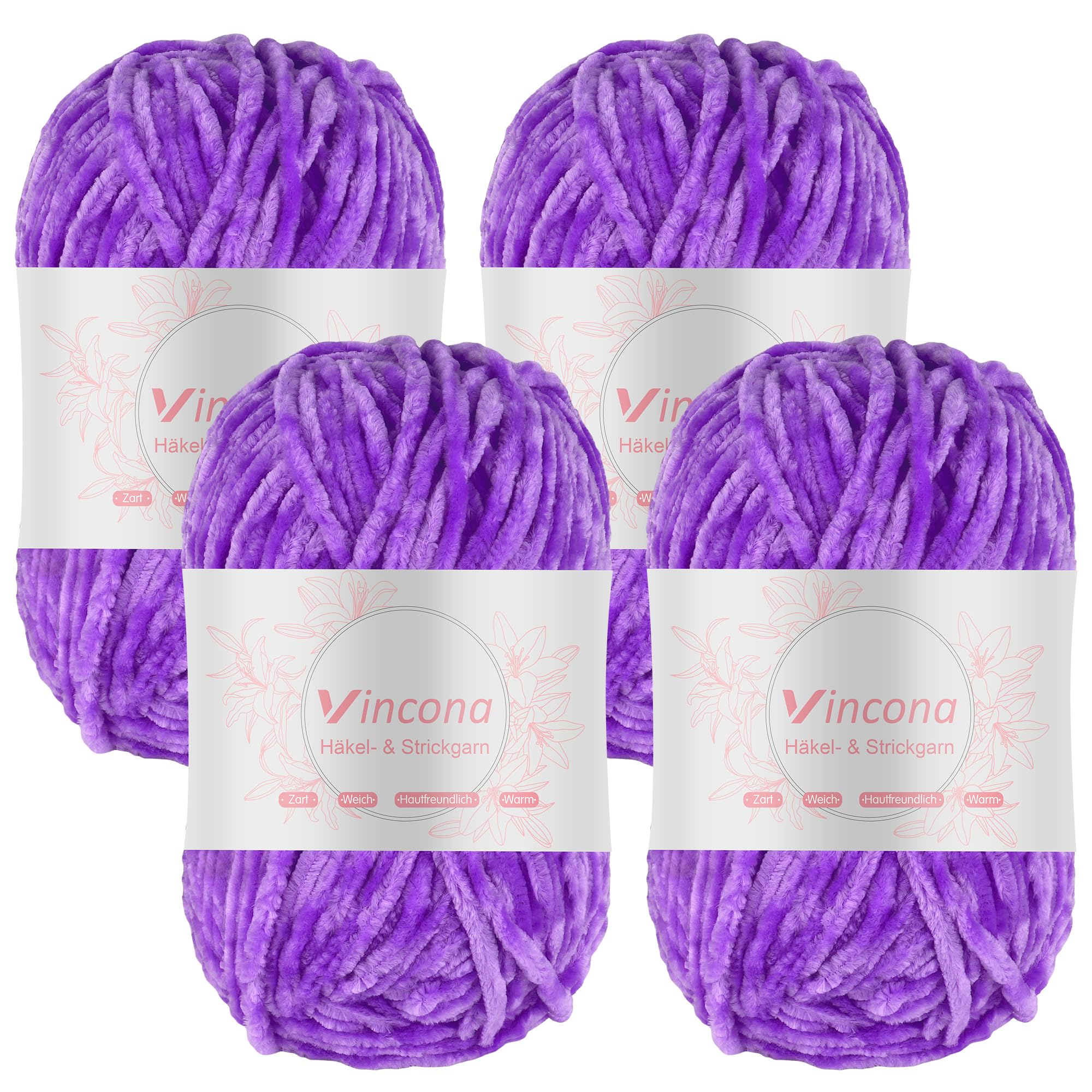 Vincona Chenille Yarn 4 x 100g Super Soft Chunky Yarn for Knitting and Crochet Yarn Clothes, Handbag, Shoes Hats Sweaters Blankets Scarves，DIY- Ideal for Beginners Adults Taro Purple