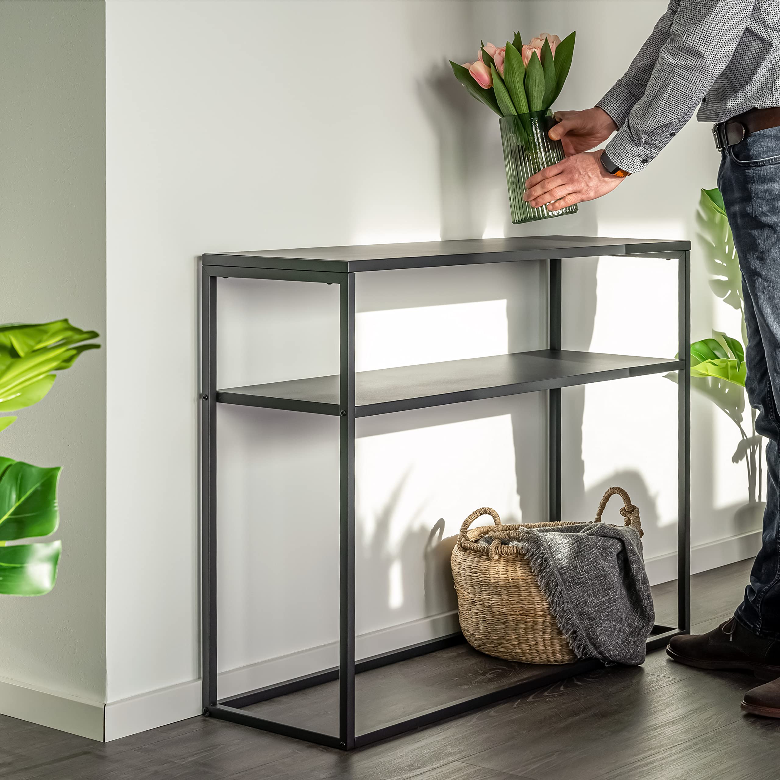 bremermann Table Console avec étagère, étagère sur Pied, Tabouret à Fleurs en métal (Noir)