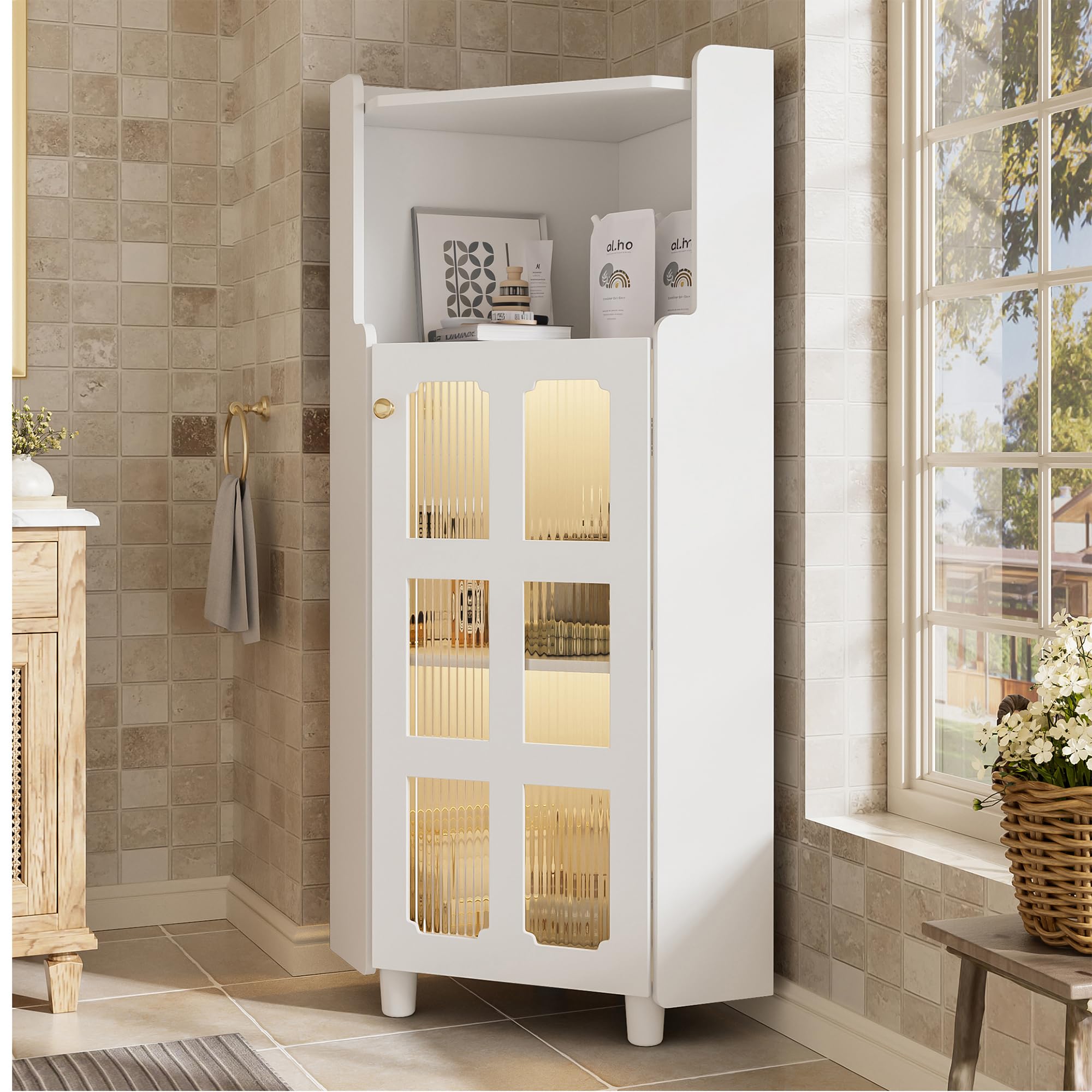 Armario esquinero de 63,5 x 124 cm, con superficie lacada e iluminación LED, moderna esquina con control de aplicación, para salón, estantería, cuarto de baño (blanco)