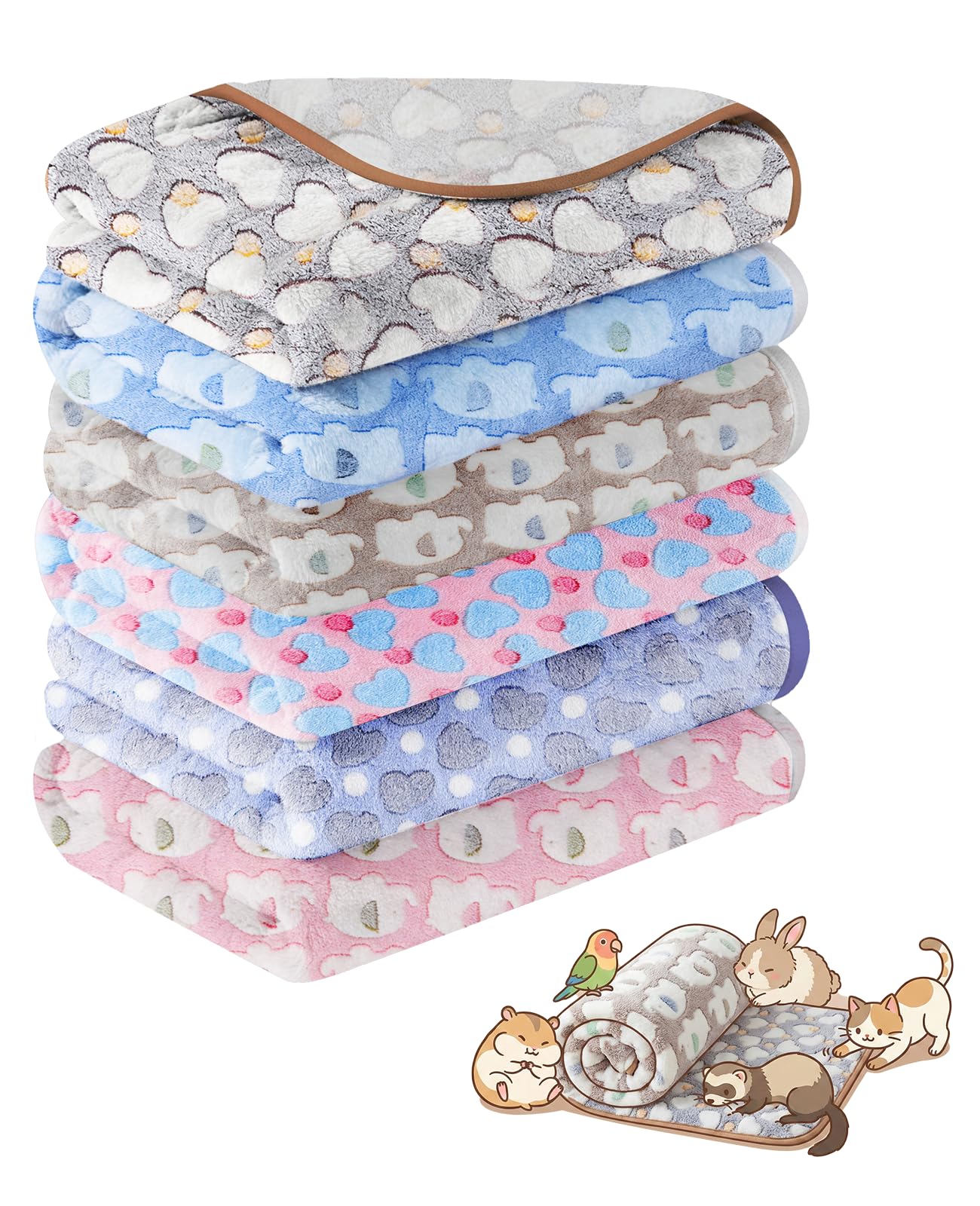 SEESUNO 6 Pcs Guinea Pig Blanket, Absorbent Reusable Guinea Pig Fleece Cage Liner, Warm Small Animal Fleece Beddingh (24 x 16 Inch)