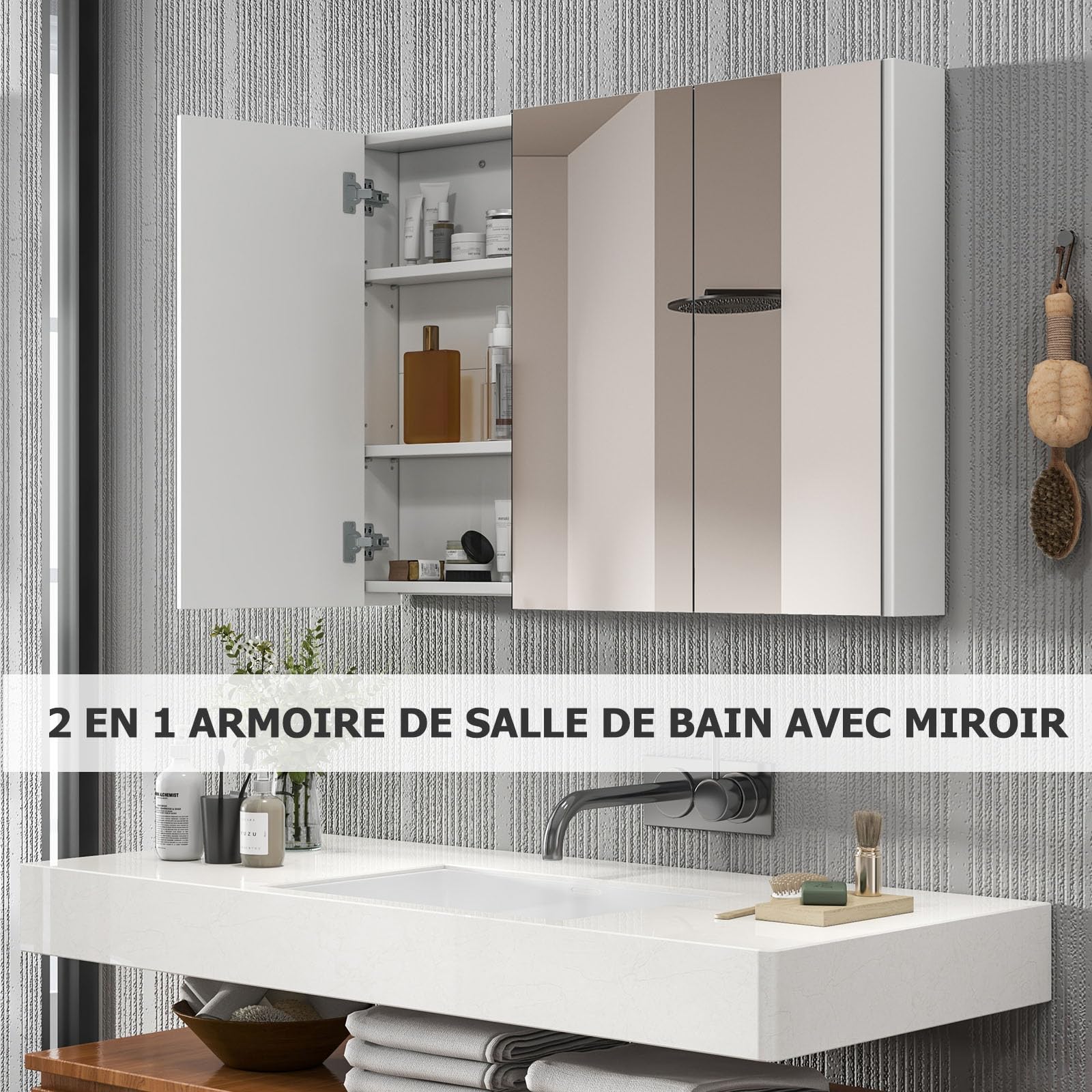 GIANTEX Armoire Murale de Salle de Bain avec 3 Portes à Miroir Complète, Meuble de Rangement en Bois Étagères Réglable, 90 x 11 x 65 cm, Blanc