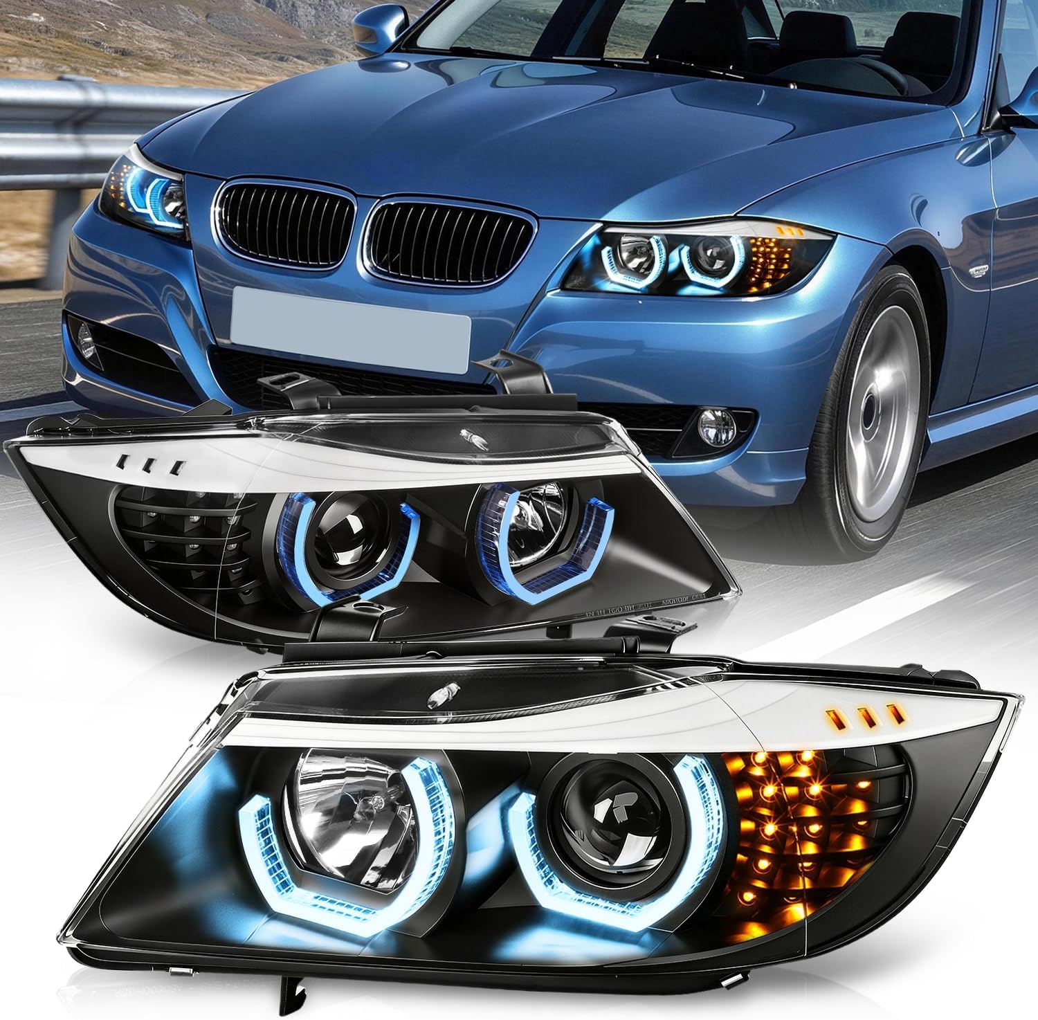 Auto Dynasty LED Halo Headlights Assembly Compatible with 2009-2012 BMW E90 323i 335d 325i 328i Sedan, Left and Right Side, 3D Crystal Blue U-Halo, Projector Low Beam, LED Turn Signal, Black Housing