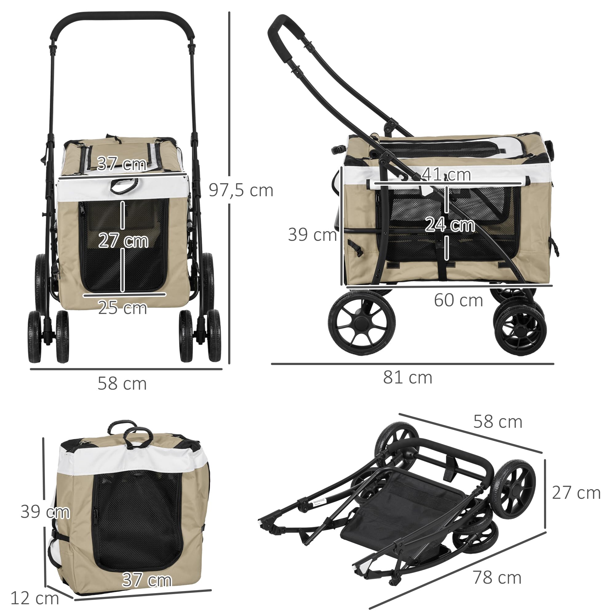 PawHut Carrito para Perros 4 en 1, Cochecito para Perros Plegable, Transportín para Mascotas con Vagón Desmontable, Cojín, Carga 10 kg, para Pequeños, Caqui