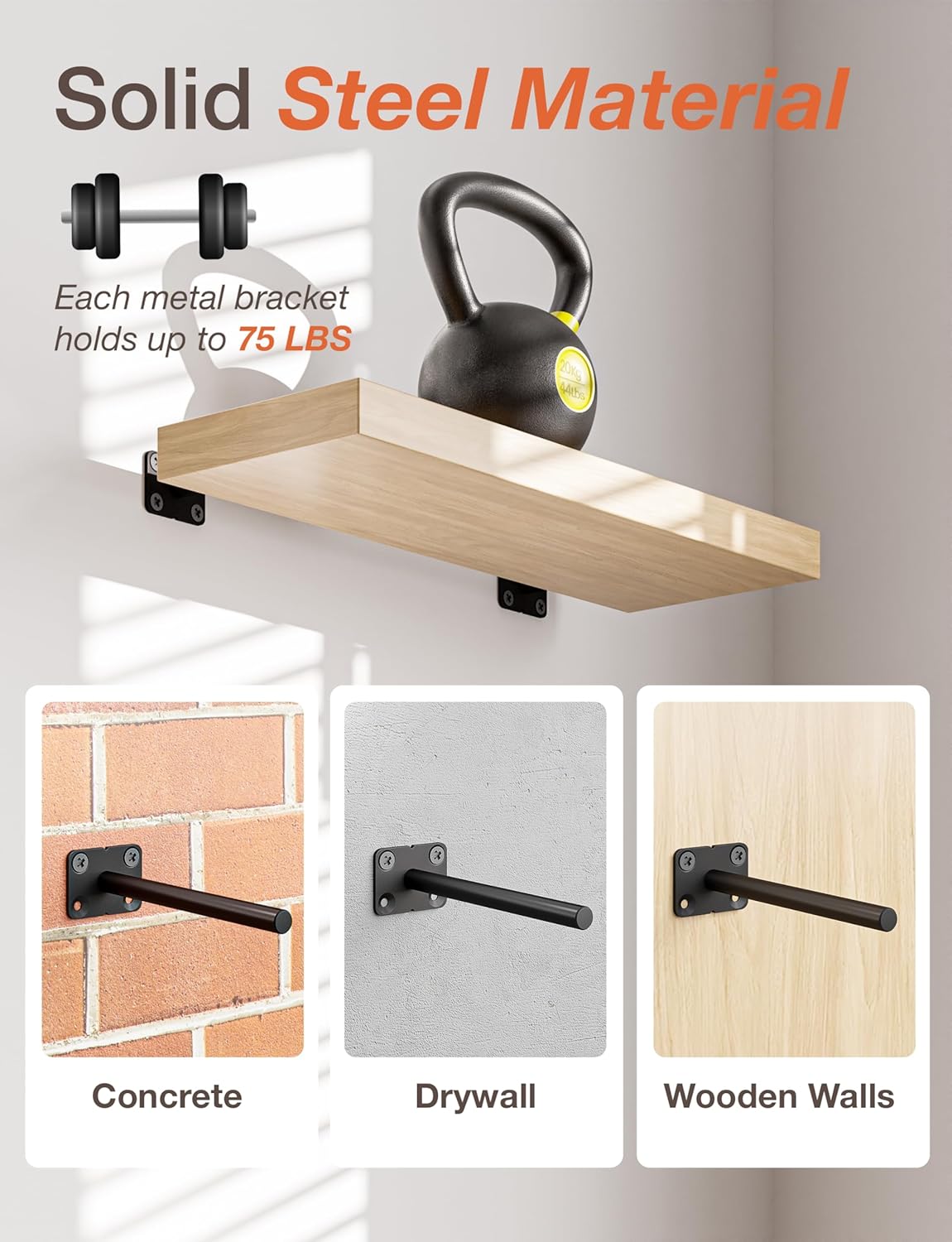 BATODA - 6" Floating Shelf Bracket (8 pcs) - Solid Steel Blind Shelf Supports - Hidden Brackets for Floating Wood Shelves - Blind Shelf Support – Shelving Mounting Hardware Included (Pack 8)