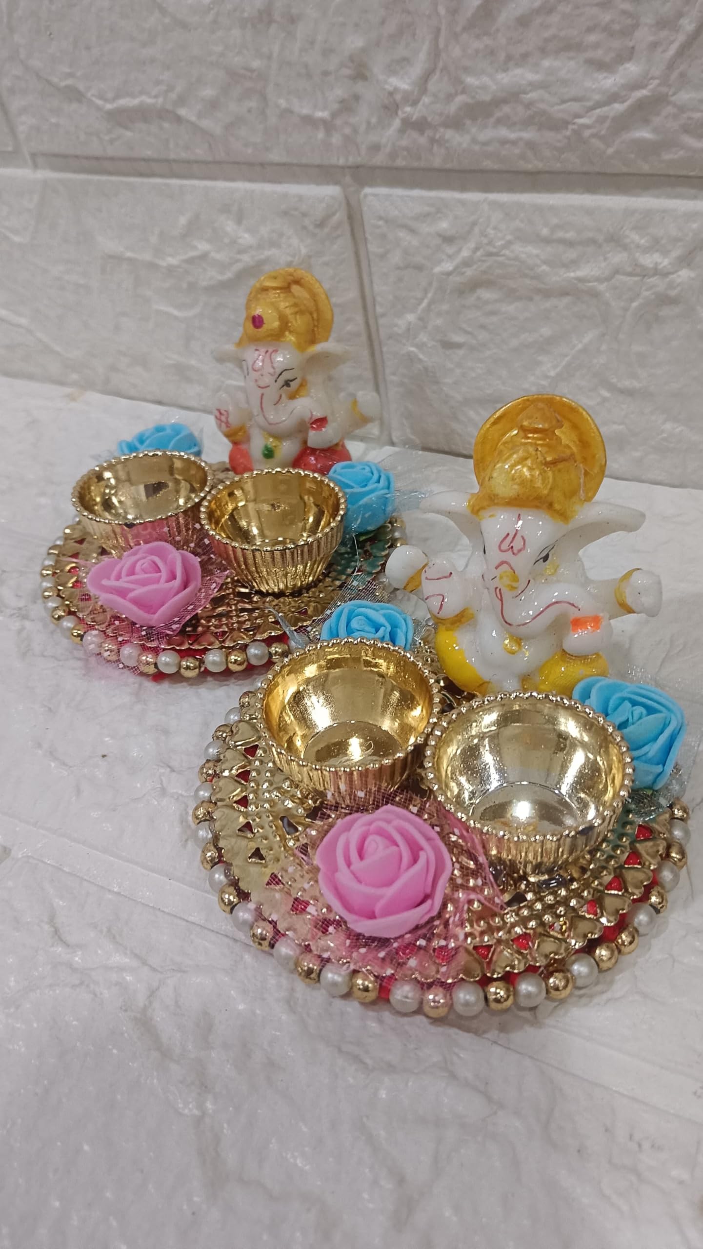Nutts Lord Ganesh & Laxmi Ji Chandan Roli Kumkum Chawal Plater Holder Home Decorative Items for Pooja and Gift Purpose Set of 2 (Tealight-33) 2