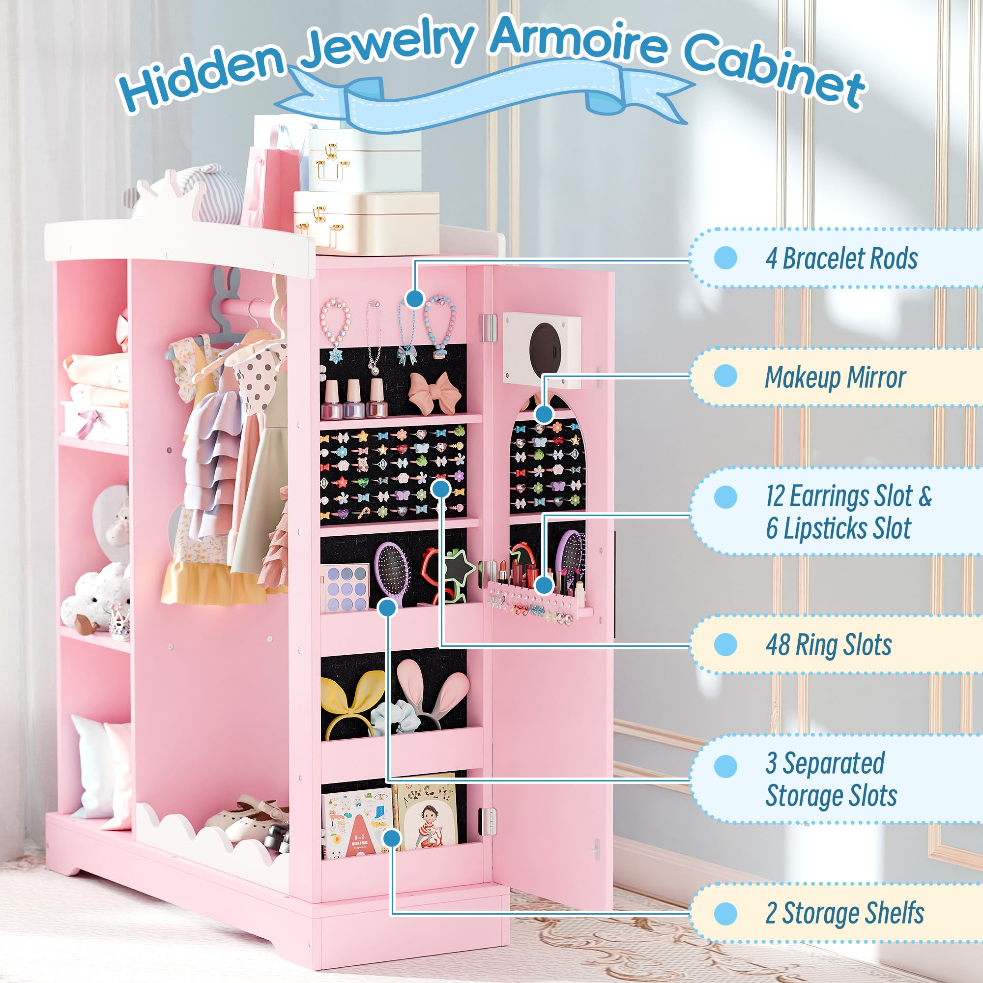 Betterhood Kids Closet with Jewelry Cabinet, Dress up Storage with Shelves&Mirror, Costumes Wardrobe Closet with Hanging Rack for Toddlers,Organizer for Bedroom, (Kids' Armoires, Pink)