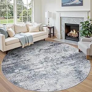 Round Rug 8ft Circle Rug Washable: Carpet Circular Area Rug for Entryway Kitchen Bedroom Dining Room Living Room Large 8 Feet Abstract College Dorm Non Slip Low Pile Blue Grey