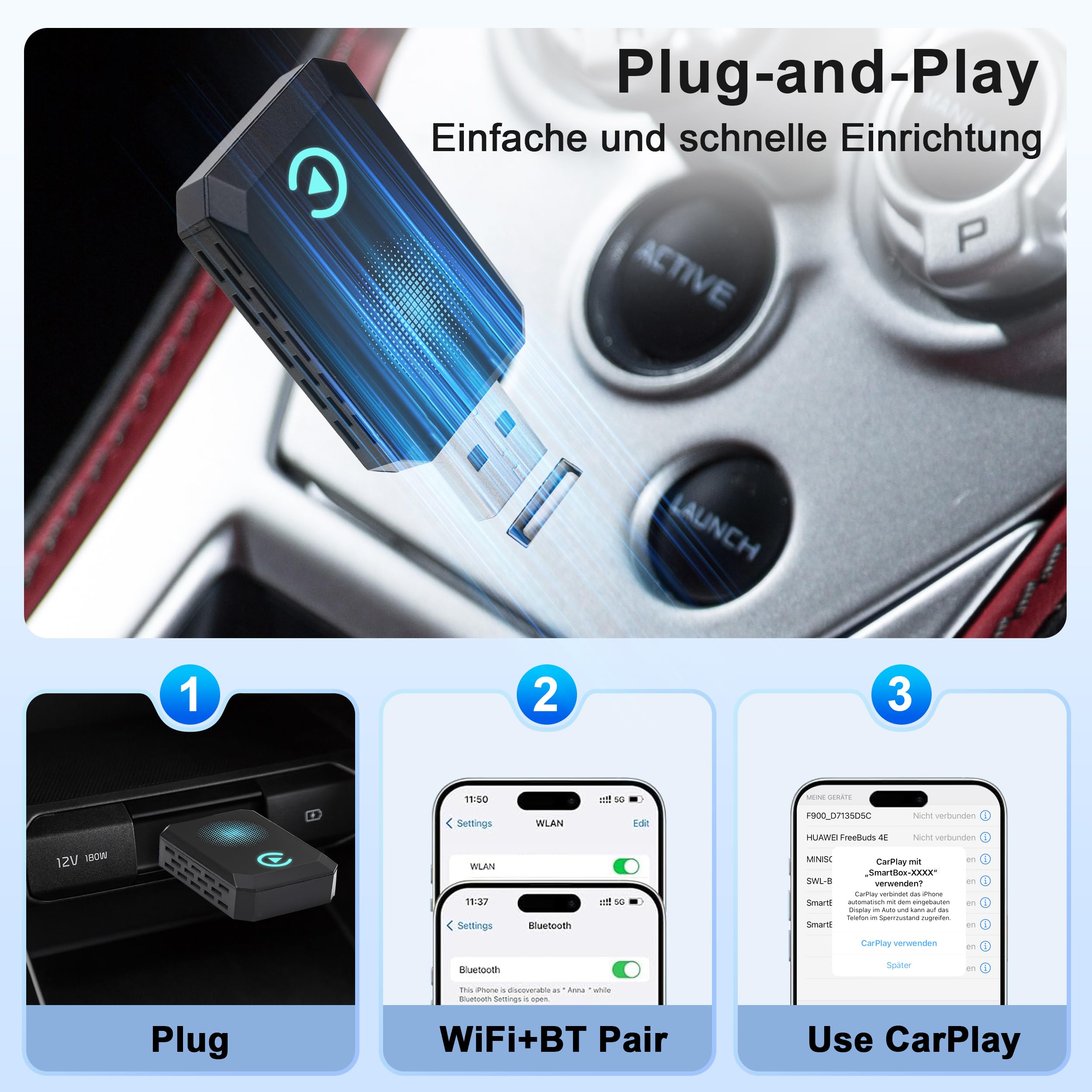 Letitwell Wireless Carplay Adapter La Nouvelle Version est Rapide et Stable, Plug-and-Play Type-c/USB, Mini Carplay Adapter Filaire à sans Fil, adapté à l'iPhone iOS 10+ et aux Voitures avec carplay