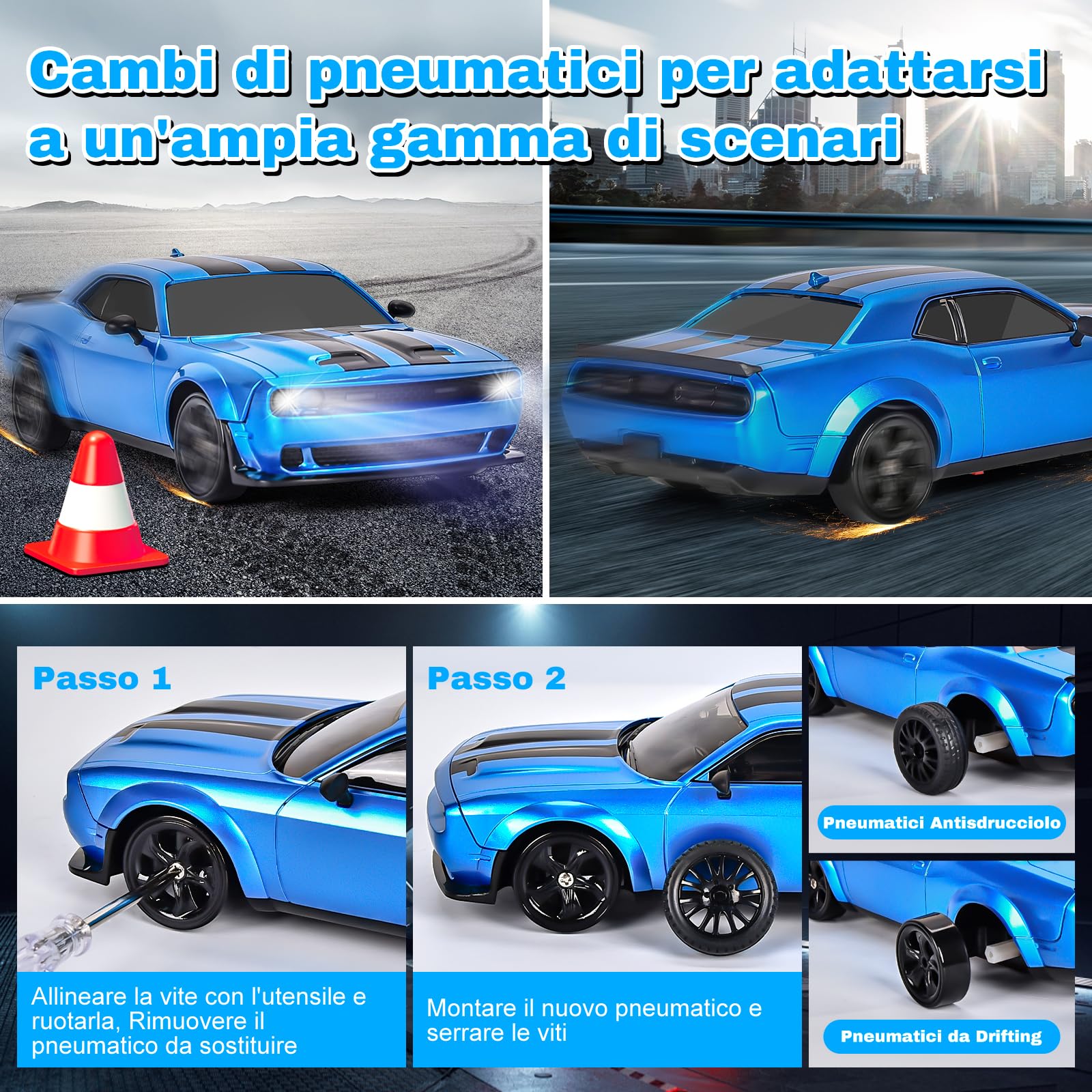 BuzzoXerex RC Drift Car, Mini Macchina Telecomandata Drift, 1/24 4WD Auto Telecomandata con Luce LED, 18km/h, Auto Giocattolo per Adulti e Bambini di Età Superiore agli 6 Anni (Blu)