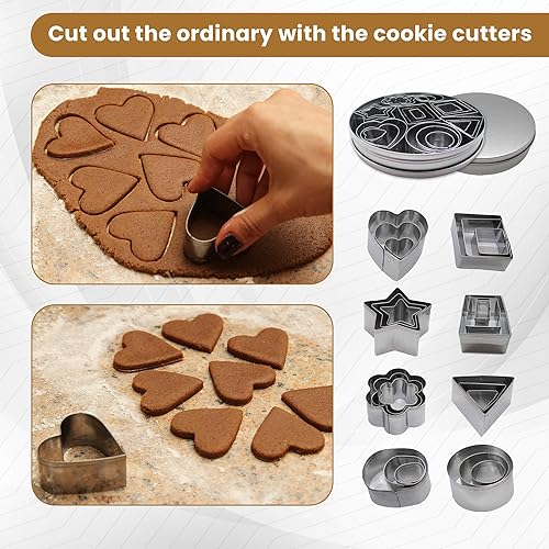 Miniatura 6 de Juego de cortadores de galletas de acero inoxidable (24 piezas) Moldes y sellos de galletas con formas geométricas redondo, estrella, triángulo,