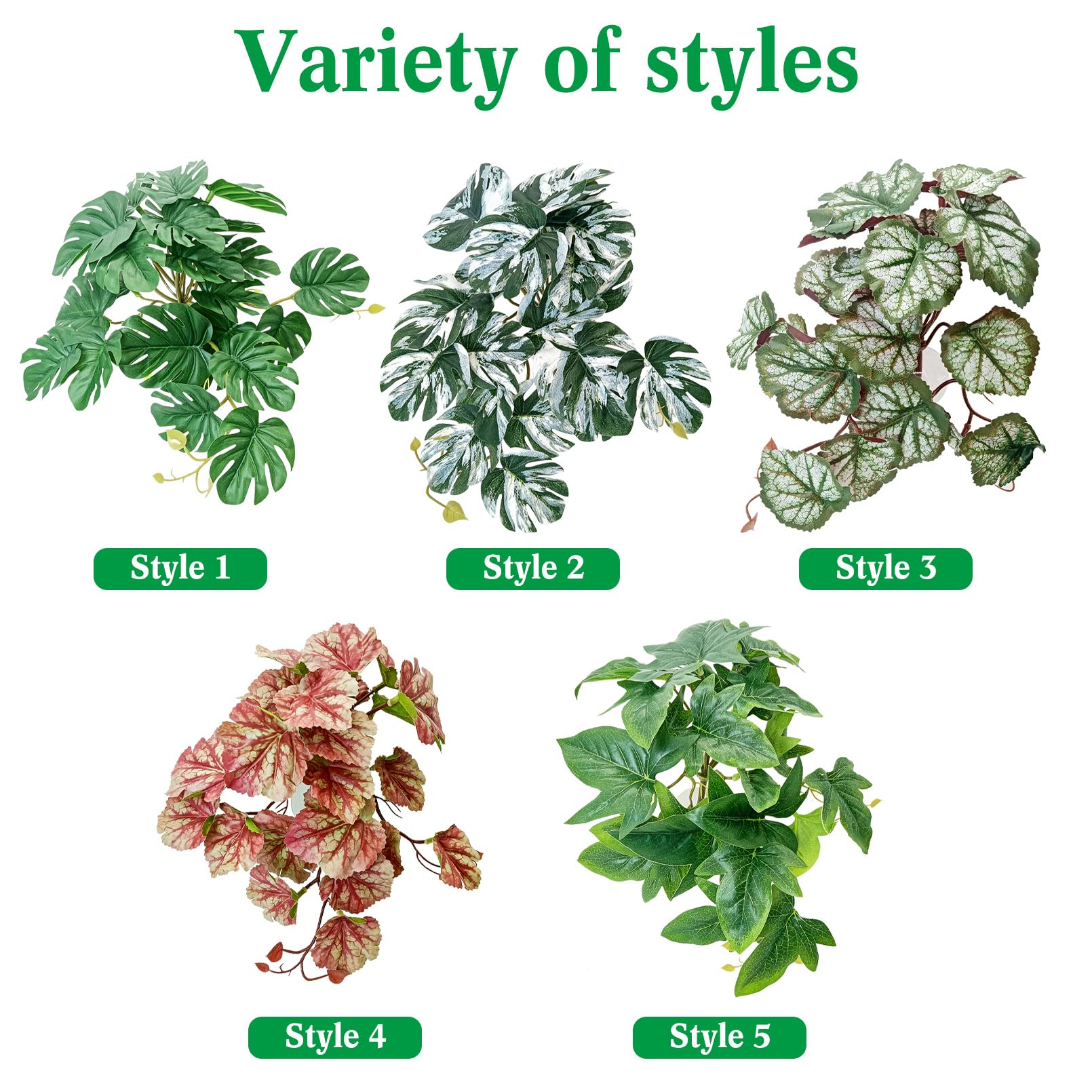 VCEPJH Plantas de reptiles con ventosa, decoración de hábitat de anfibios, 2 hojas artificiales para decoración de terrario, accesorios de tanque de geco crestado, para dragón barbudo, lagarto
