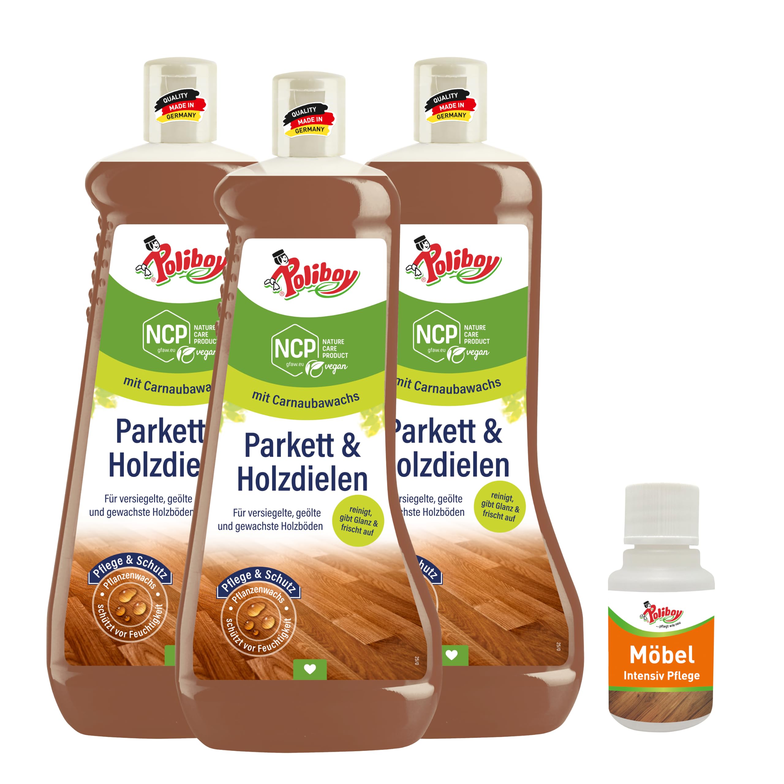 Poliboy Bio parquet e assi in legno, cura e protezione per pavimenti in vero legno oliati, cerati e verniciati, con cera vegetale, vegano, 3 x 1 l, con campione di prodotto, made in Germany
