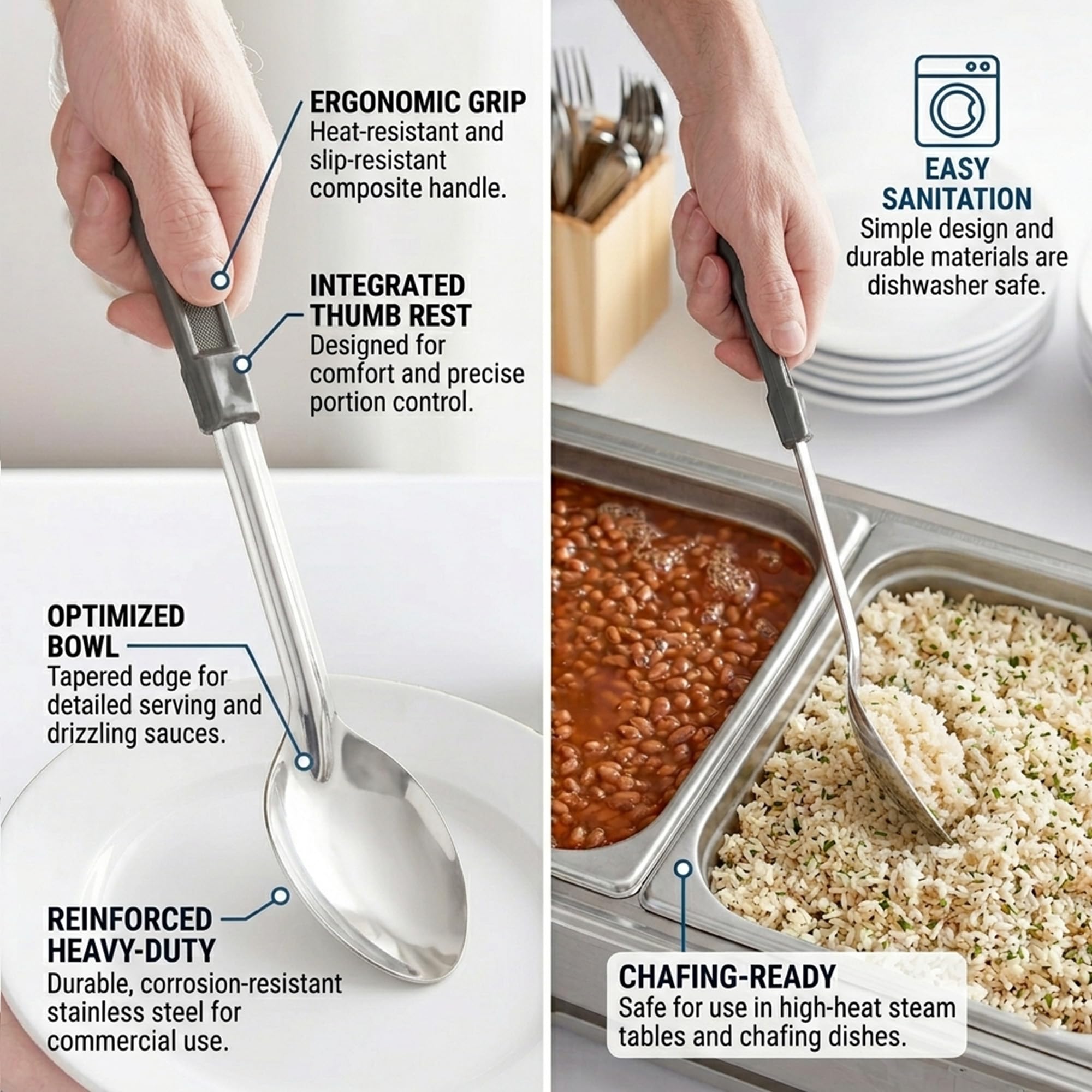 Cucharas de servir de acero inoxidable de 13 pulgadas, paquete de 4/12, utensilios de cocina comerciales, cuchara de cocina de chef de calidad de restaurante con mango recubierto resistente al calor