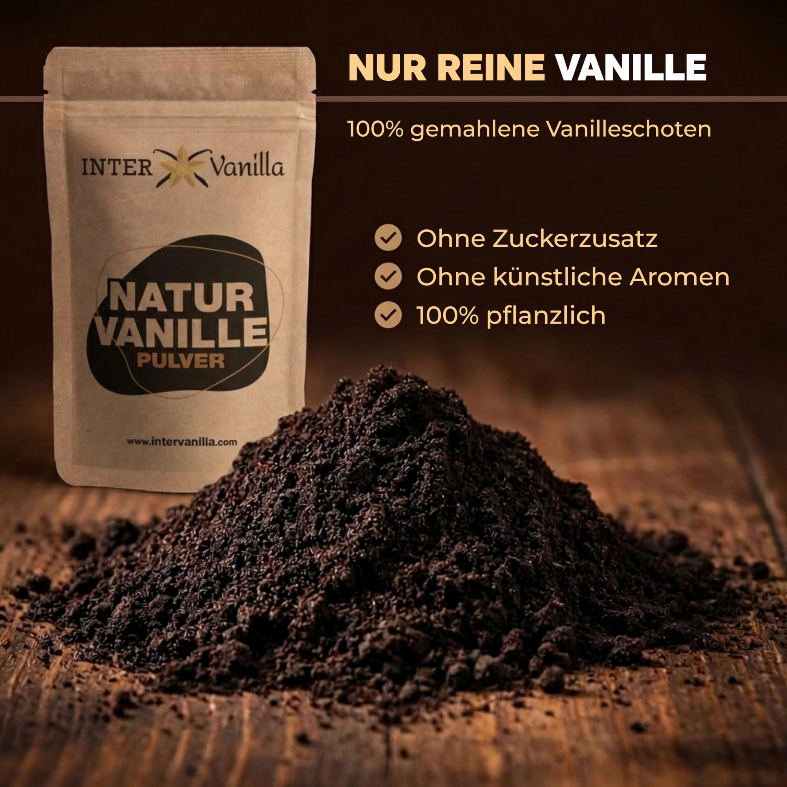 InterVanilla Natur Vanille gemahlen VANILLEPULVER, 100g aus 100% echten Premium Vanilleschoten. Vanilla bean powder. Ohne Zusätze, ohne Zucker