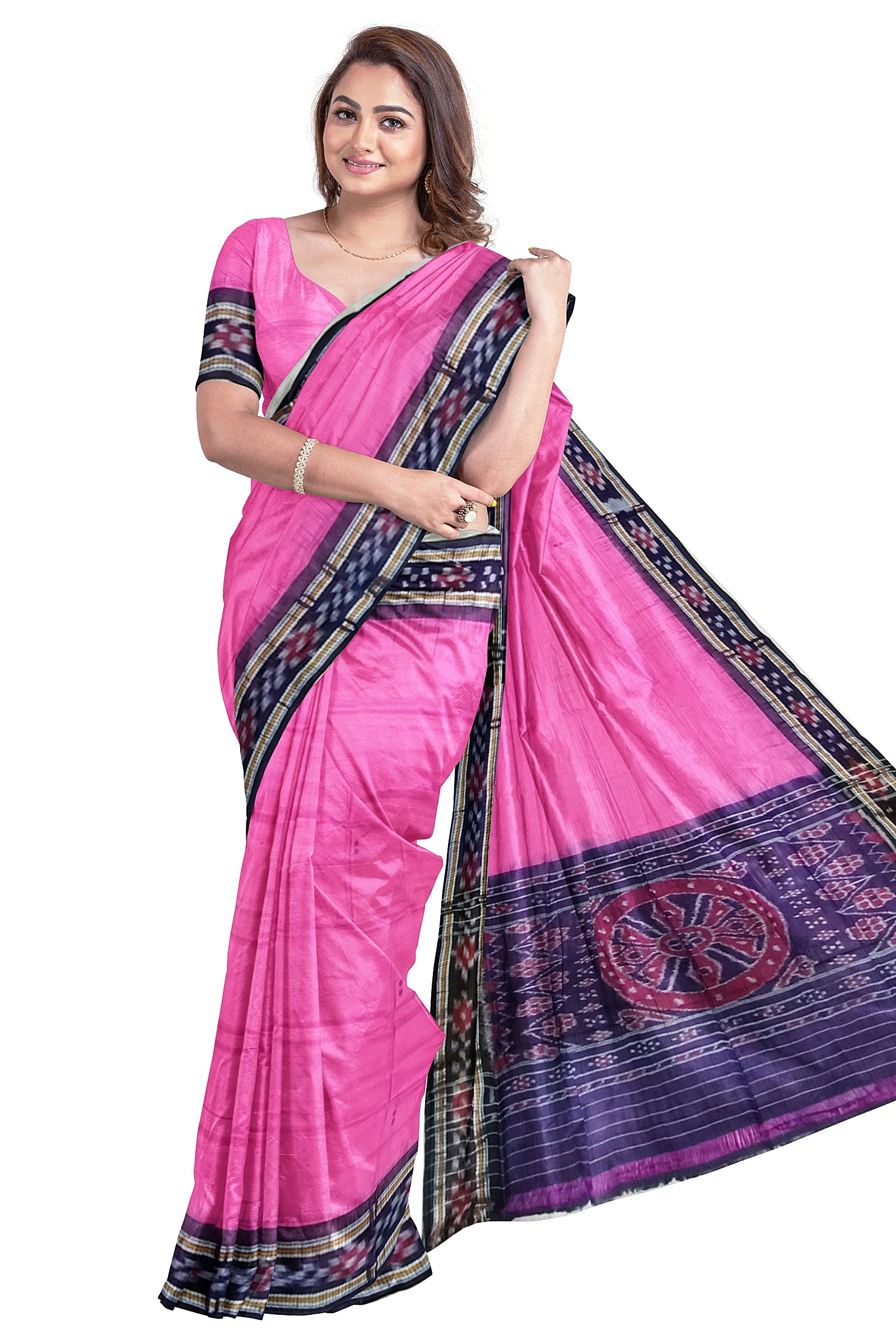 BHSWomen's Sambalpuri Pure Cotton Bomkai Saree (Nuapatanapata_Pink, Black)