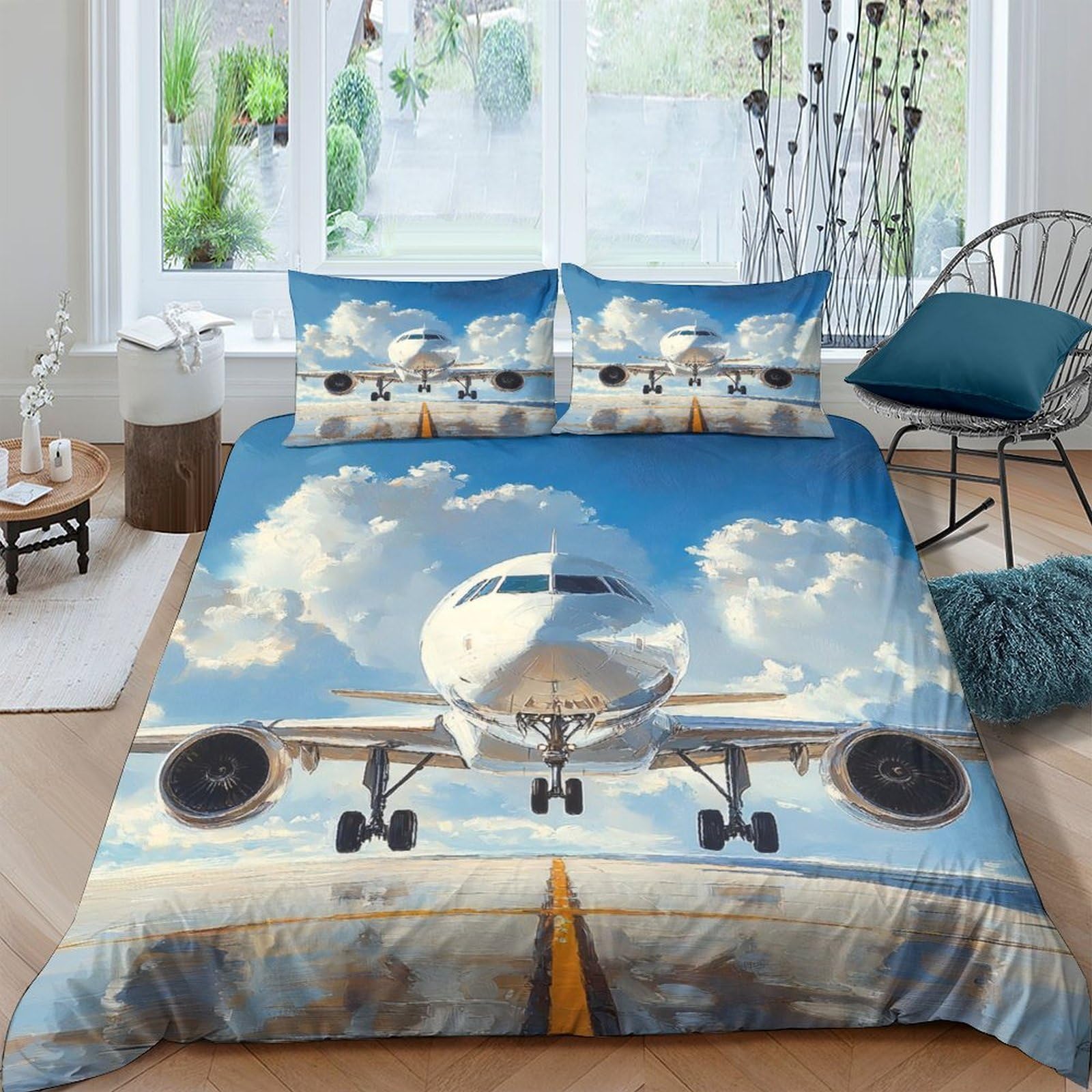 Ctjqhvkz Style-2 3D Printed Blue Sky Airplane Fitted Sheet Microfiber Soft Breathable Runway Bed Cover Bedroom Decor Single（135X200cm）