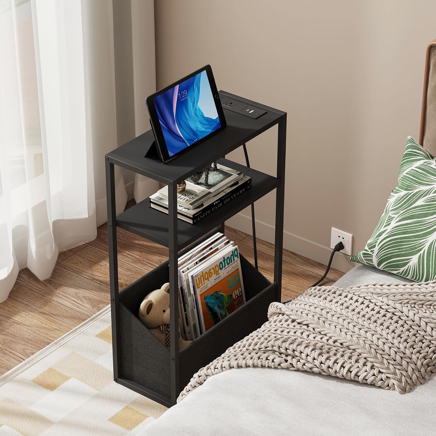 TUTOTAK Narrow Side Table, Small End Table with Charging Station, Nightstand with Fabric Basket, Bedside Table for Small Space, Livingroom, Bedroom Black TB01BK095