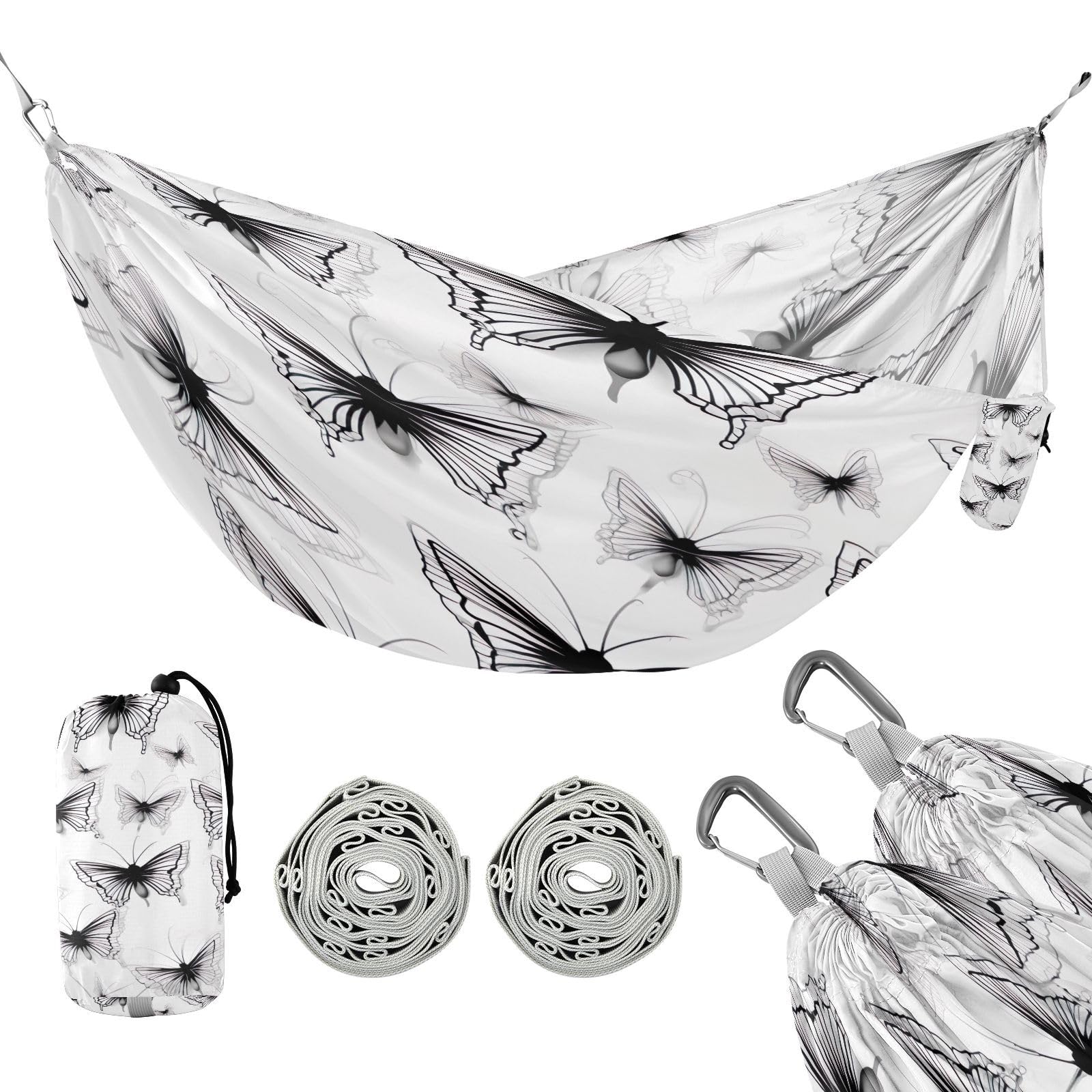 SDMKA Black White Butterflies Camping Hammock, 330 lbs with 2 Tree Straps, Carry Bag, Single Portable Hammock for Outdoor/Indoor, Hiking, Beach, Backpacking, Travel