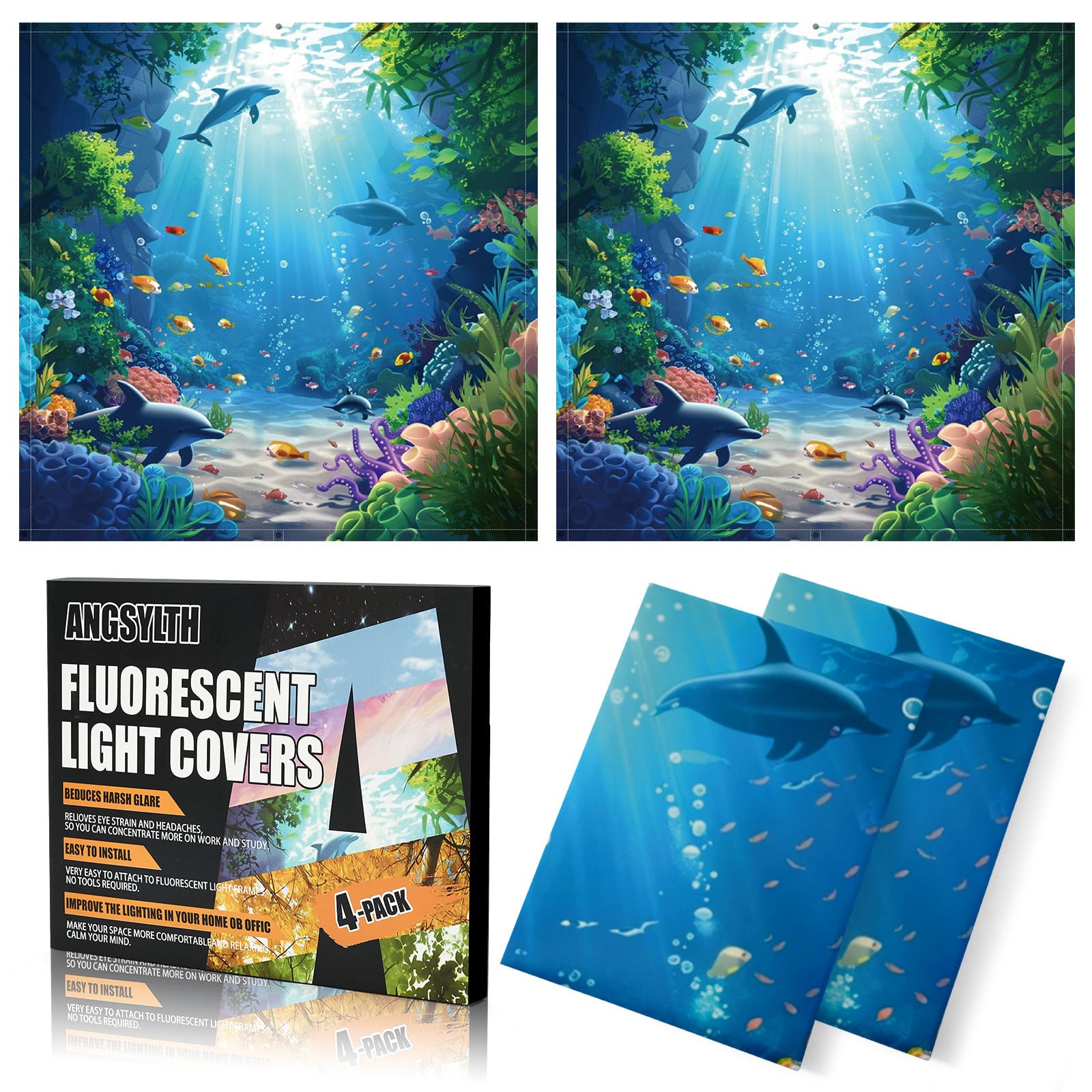 ANGSYLTH 4 Pcs 2x2 Feet Fluorescent Ceiling Light Covers | Magnetic Light Covers for Classroom, Office, Hospitals, Home (Underwater World)