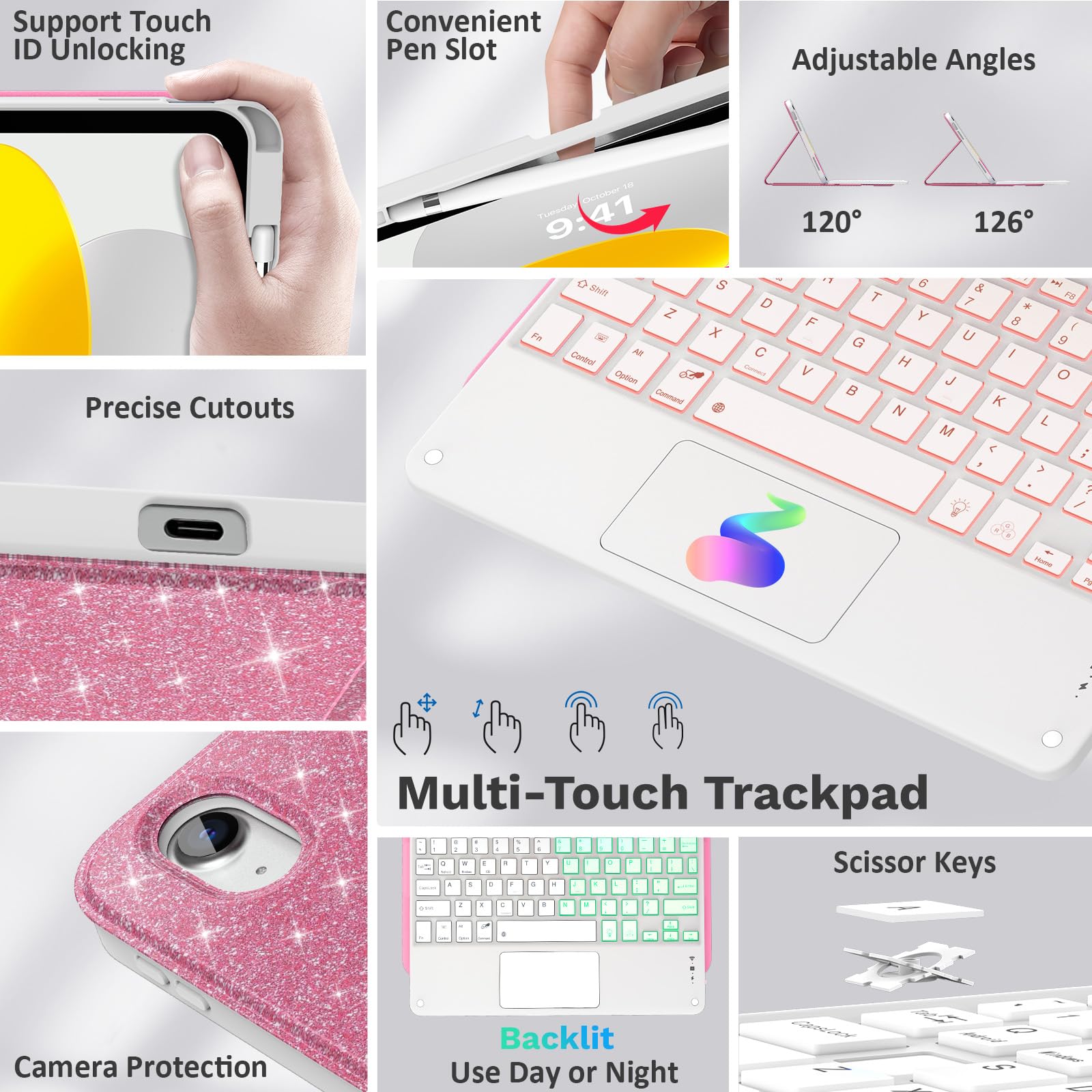 MoKo Touch Keyboard Case for iPad (A16) 11th/10th Gen,Ros Bri | 7 Colors Backlit, Multi-TrackPad, with Pencil Holder, Auto Wake/Sleep, Compatible with iPad 11 inch 2025, iPad 10.9 inch 2020